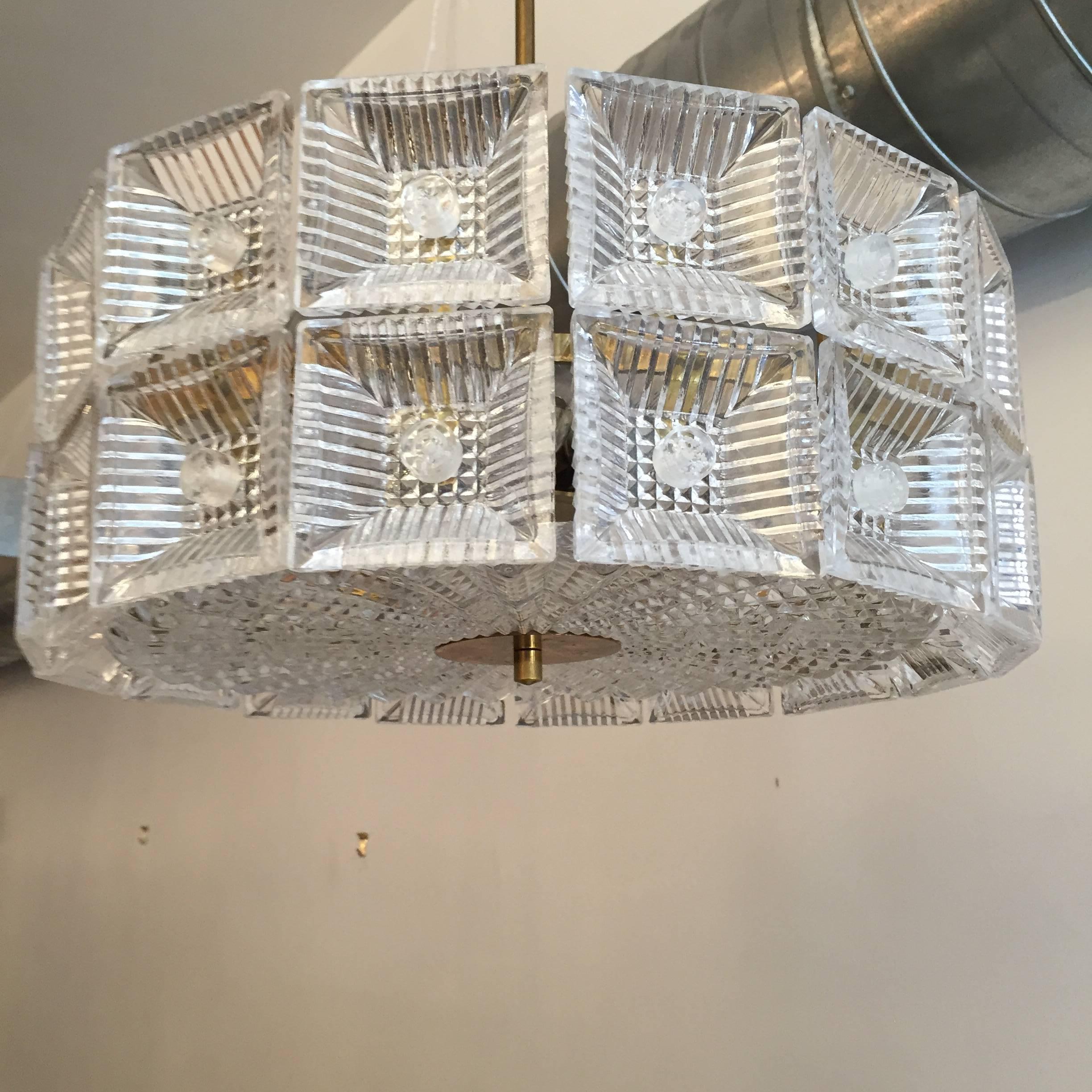 Orrefors Carl Fagerlund 1960s Crystal Flush Chandelier Pendant In Excellent Condition In New York, NY