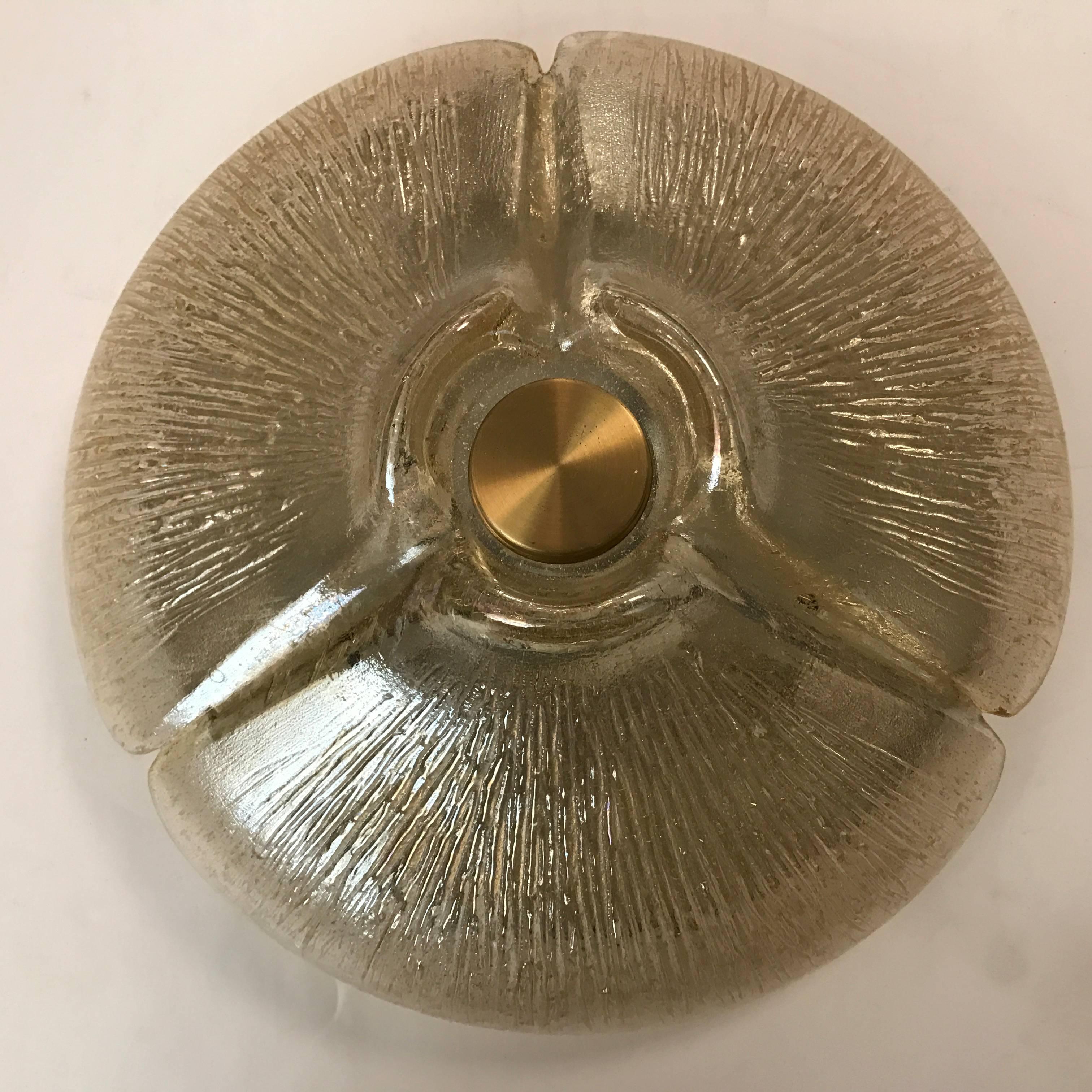 Brass 1970s Peill and Putzler Golden Glass Flush Ceiling Light For Sale