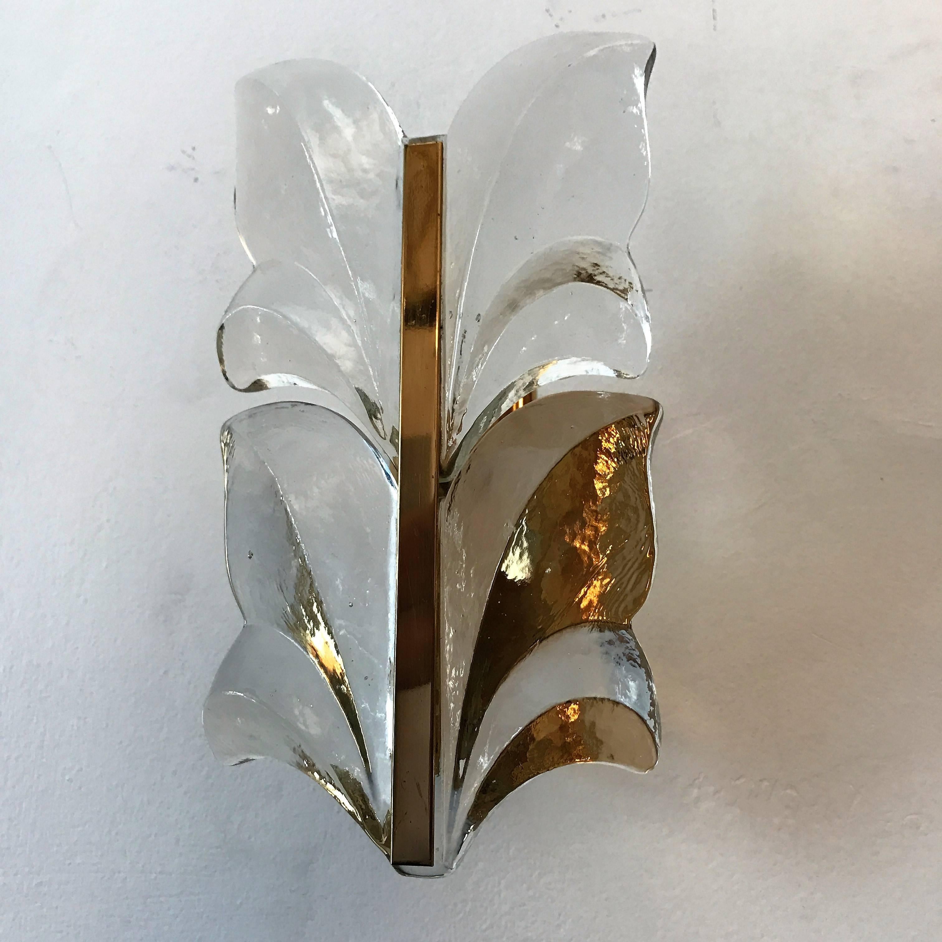 Brass Pair of 1970s Kalmar Glass Floral Wall Lights
