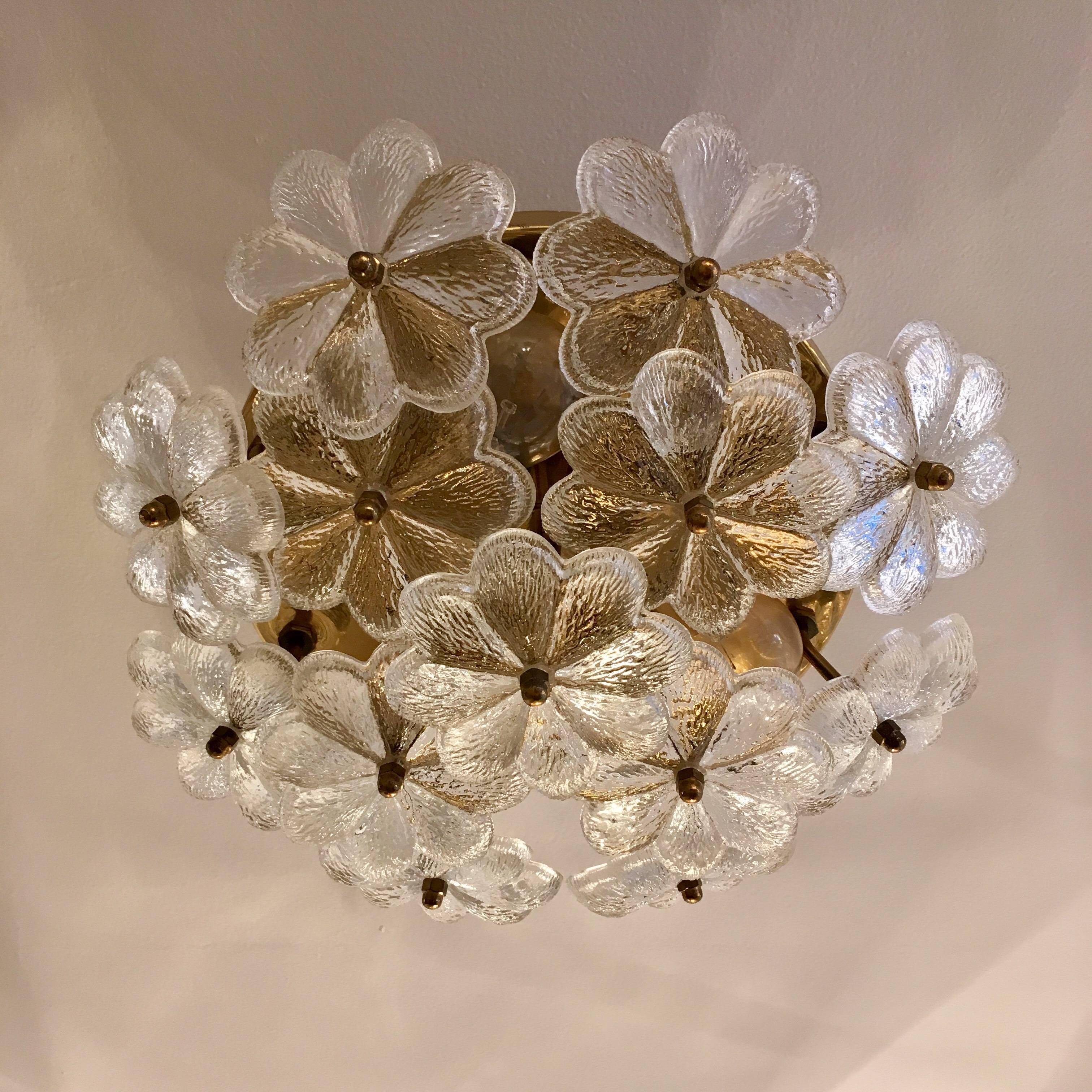 A wonderful original 1960s Austrian floral glass flush ceiling or wall light with an aged polished brass fixture and finials by Palme. Rewired. Two other sizes available, 14inch  and 20inch.