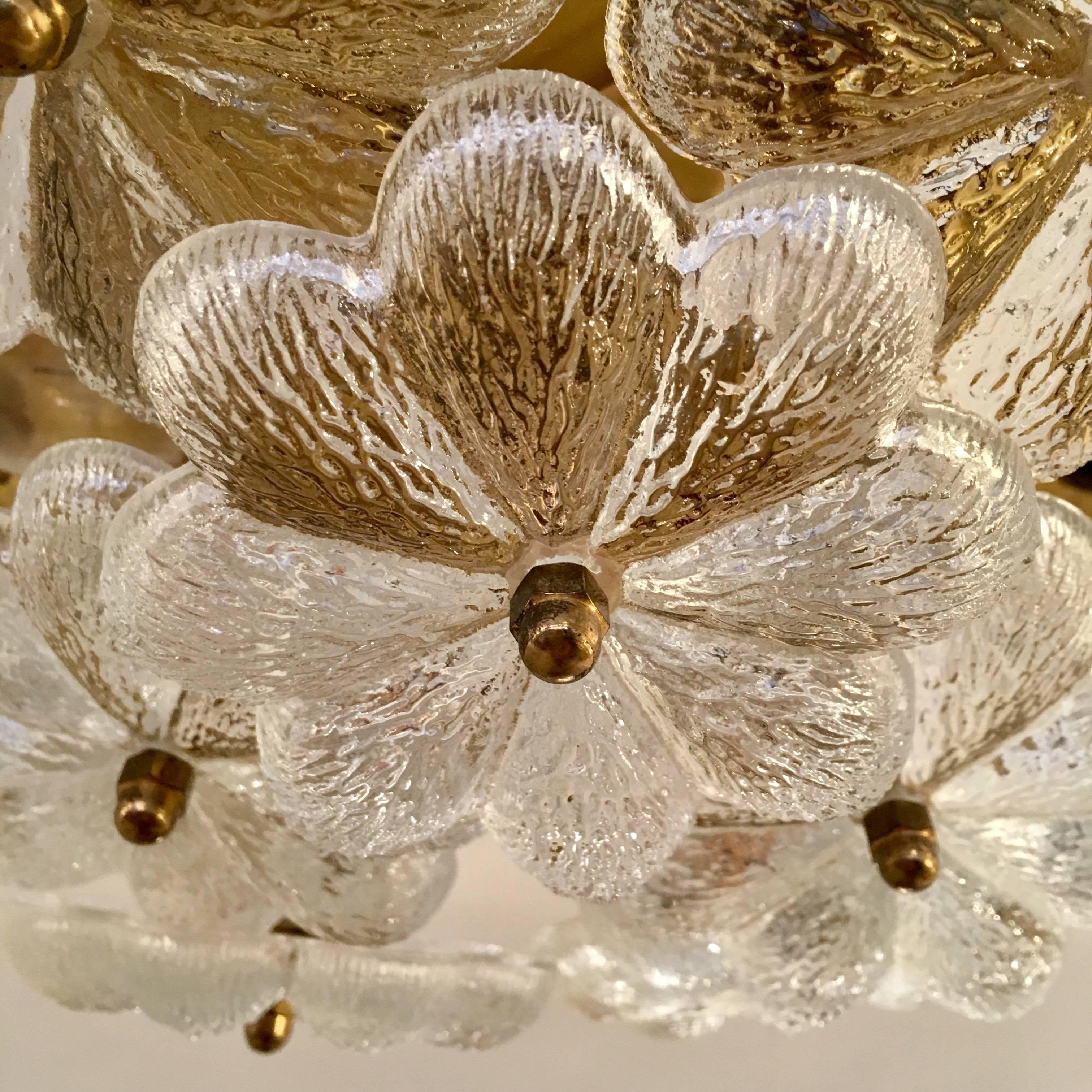 Brass Austrian Palme Glass Floral Flush Ceiling or Wall Light, 1960s