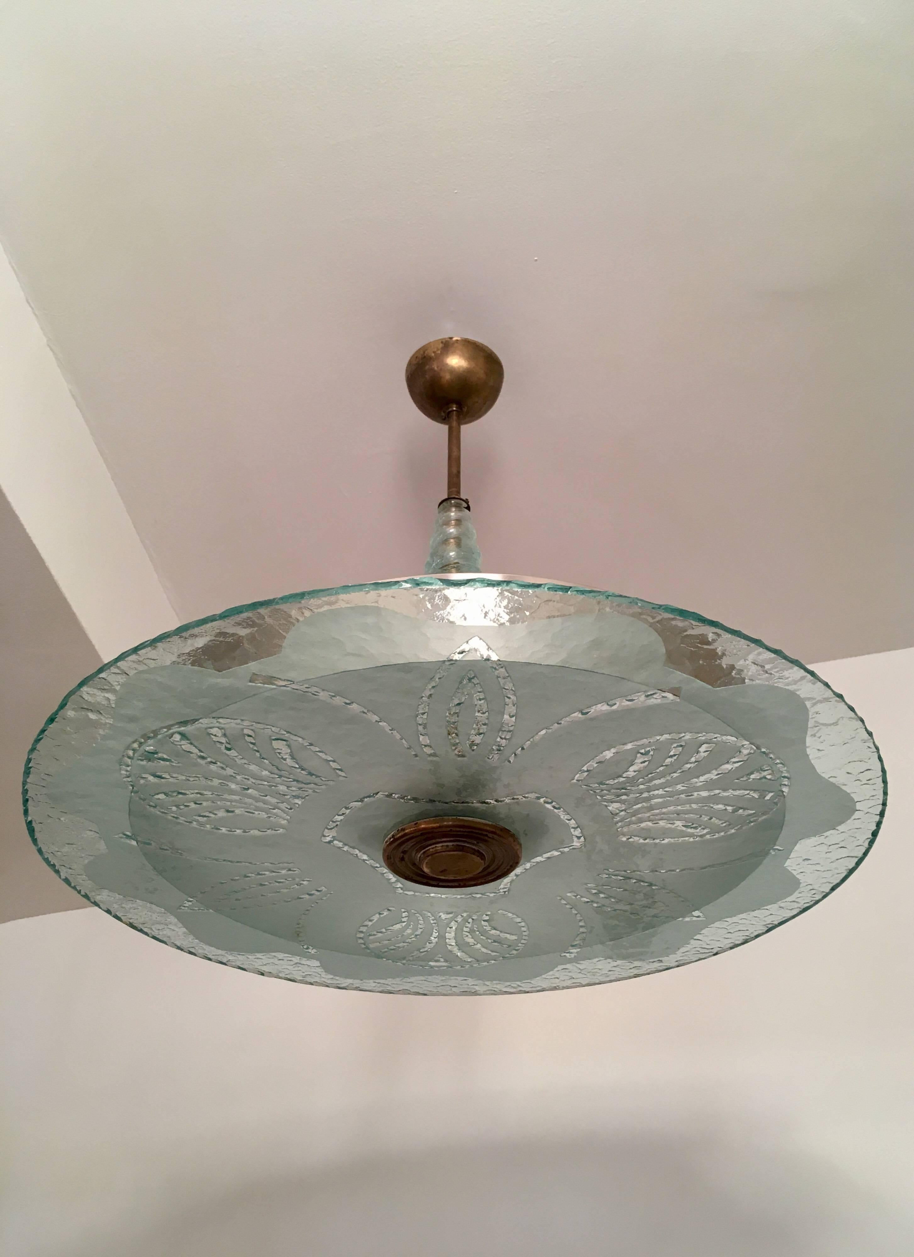 A wonderful 1940s Swedish decorative etched glass, aged brass and nickel trim light pendant by Glossner. Three light sources. Newly rewired.