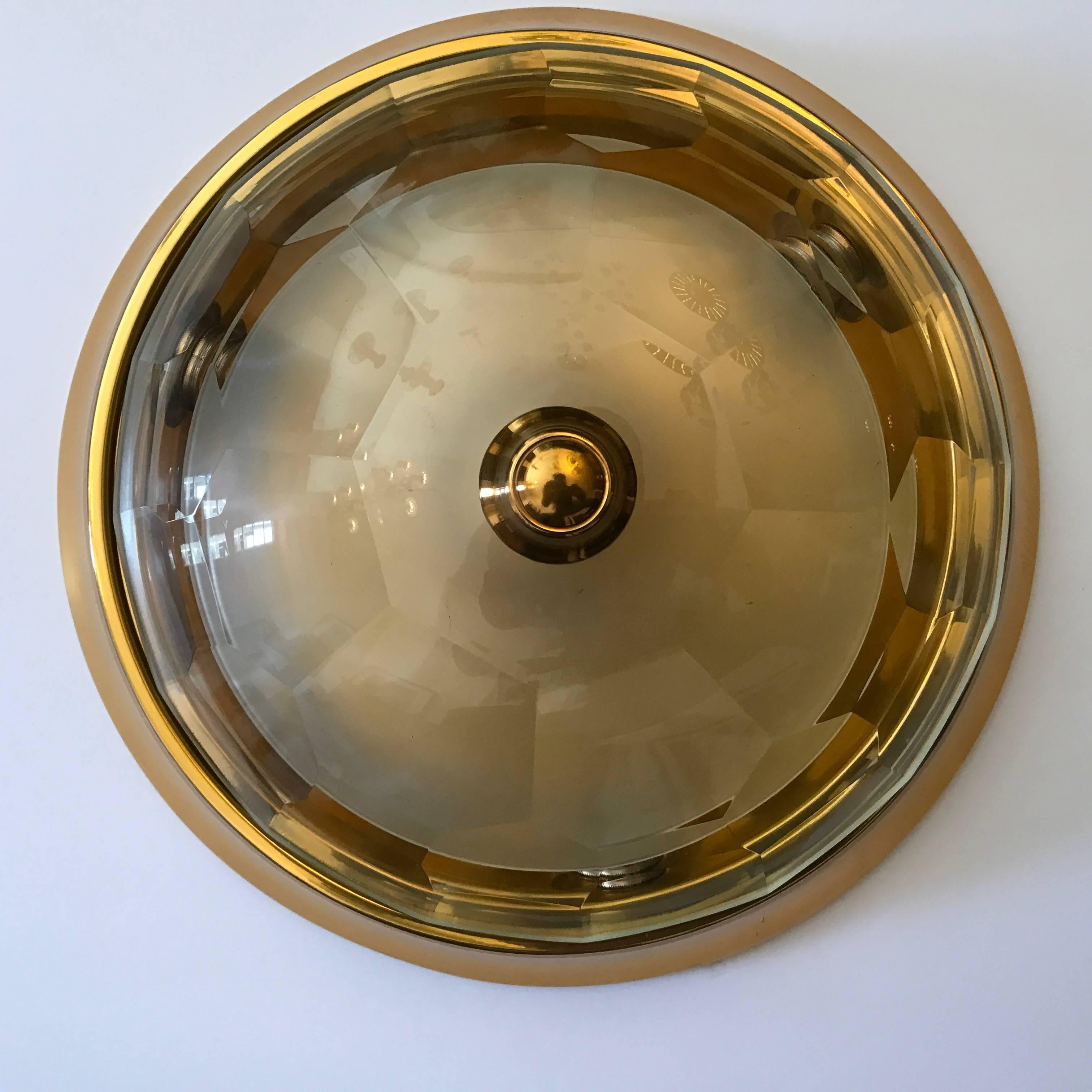 Mid-Century Modern Oscar Torlasco Gold Crystal 1960s Flush Ceiling Light