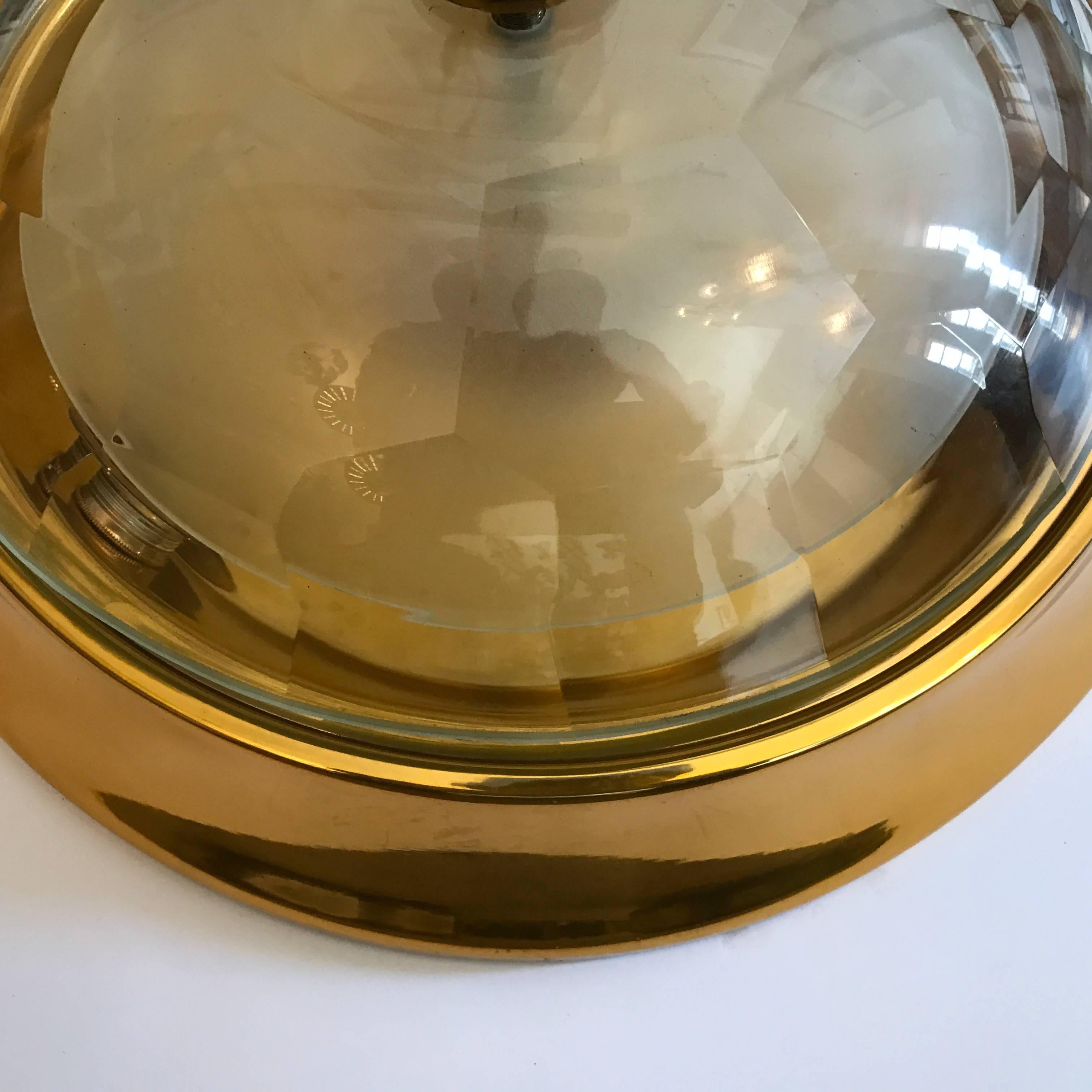 Oscar Torlasco Gold Crystal 1960s Flush Ceiling Light In Excellent Condition In New York, NY