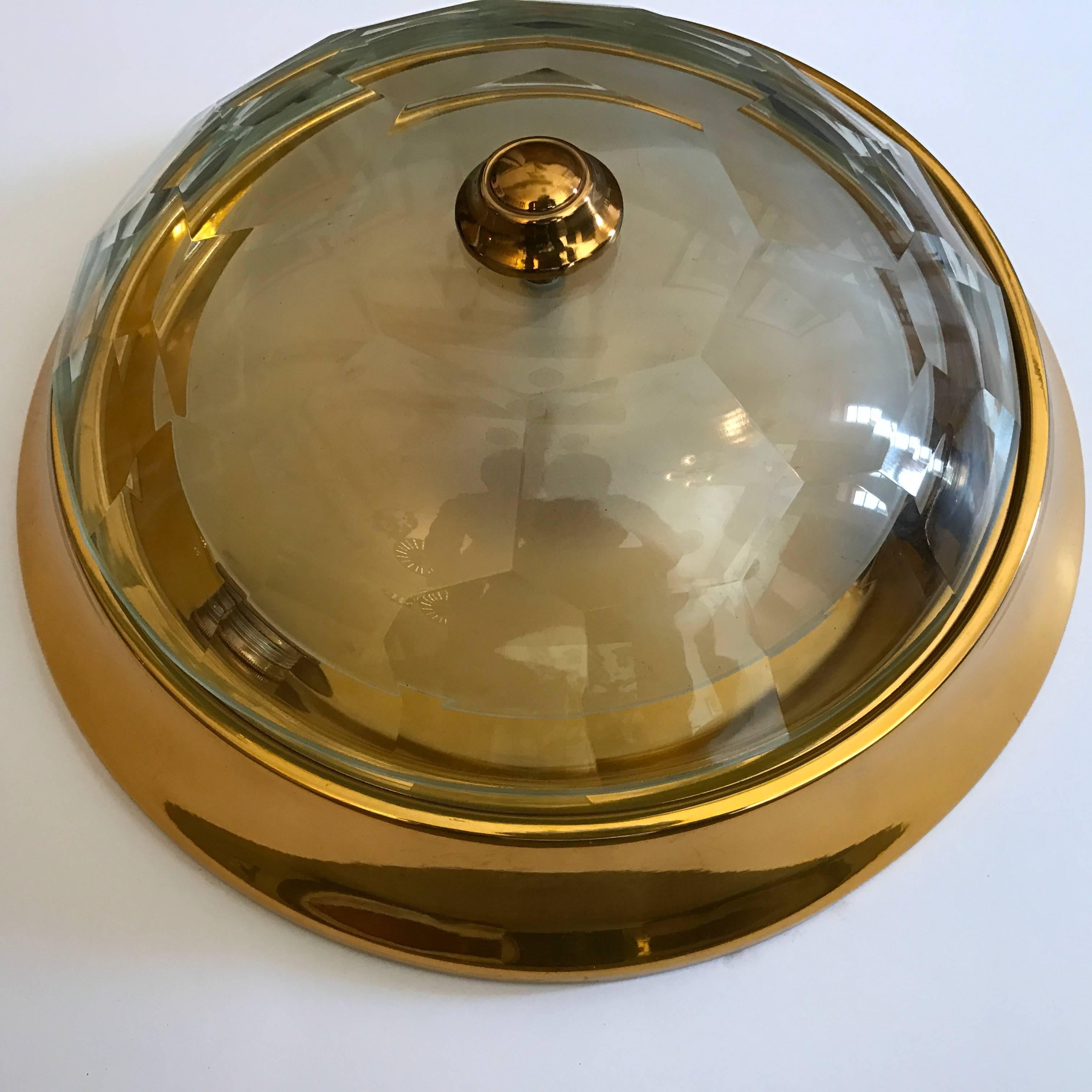 Mid-20th Century Oscar Torlasco Gold Crystal 1960s Flush Ceiling Light