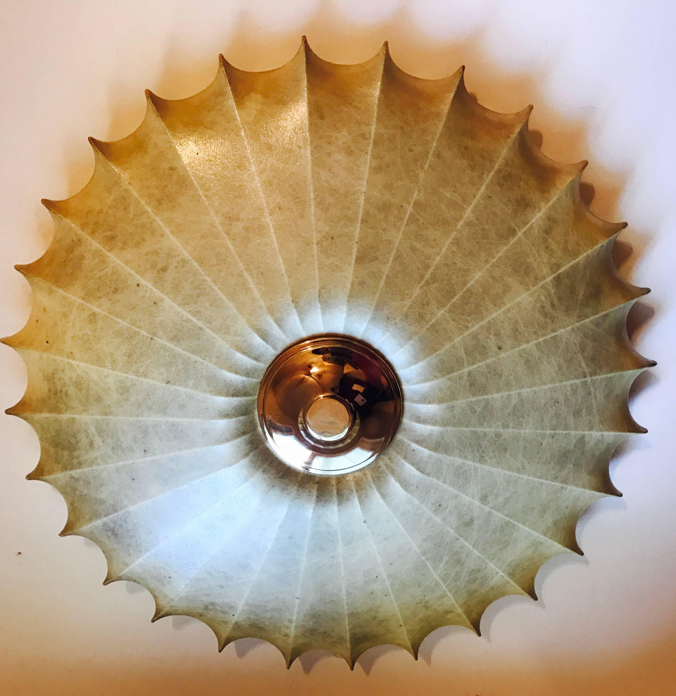 An original, 1960s Italian sculptural spun resin flush ceiling light with a polished brass firing designed by Achille Castiglioni for Flos. Four-light sources. Newly Rewired.