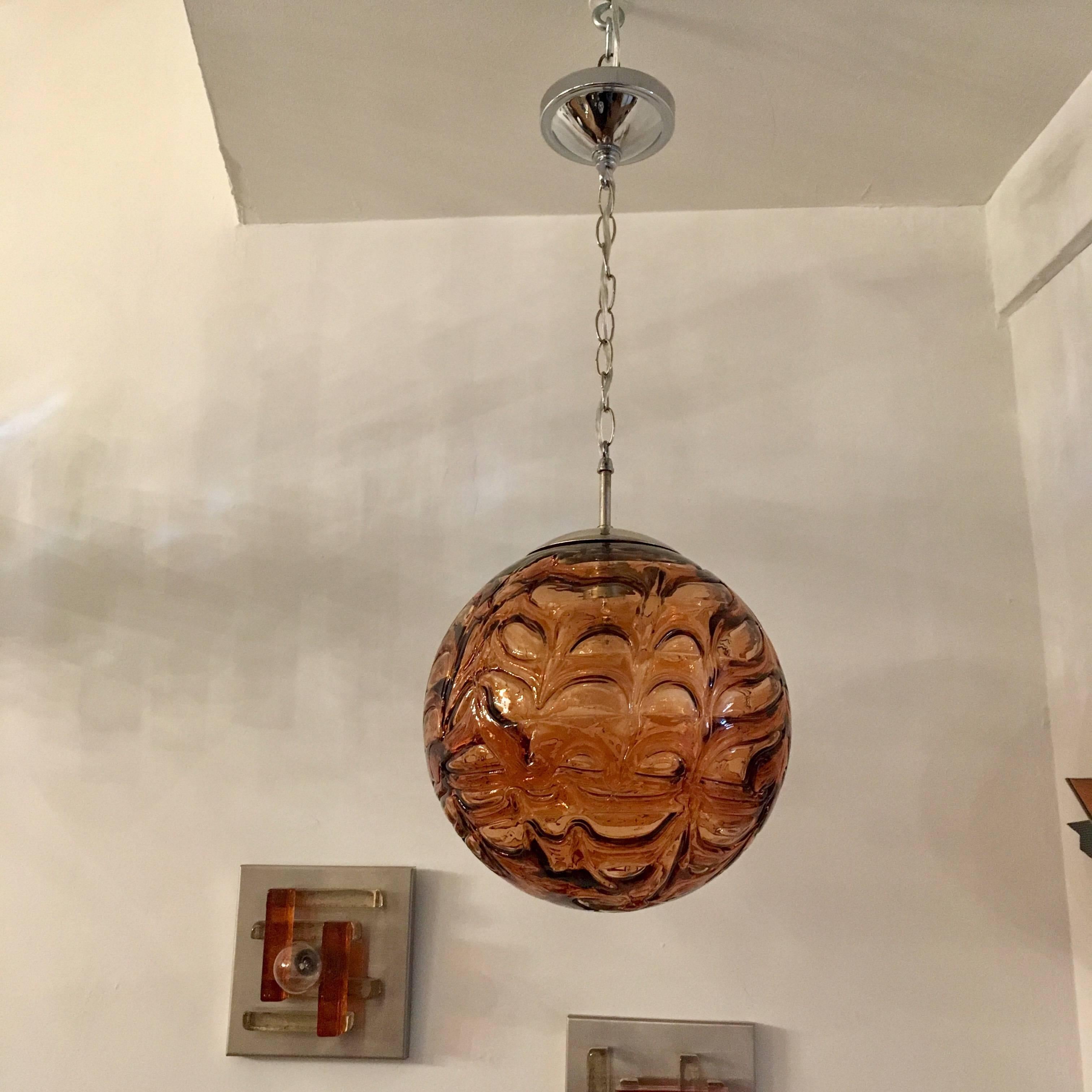 A pair of German 1960s handblown Murano  textured swirled glass globe pendant which can be used as flush or hanging Pendants by Doria Leuchten. Newly rewired.