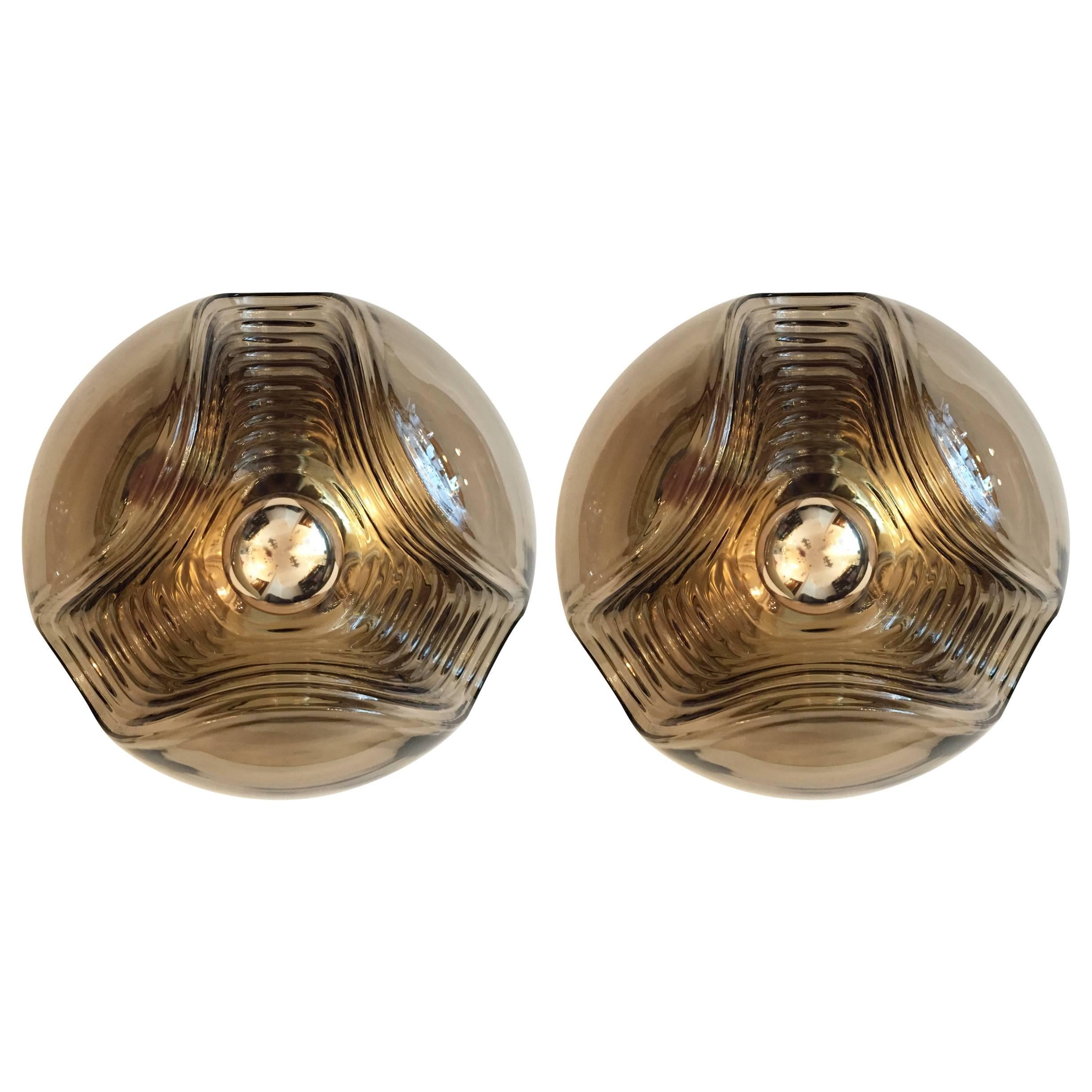 Pair of Large Smoked Glass Peill and Putzler Ceiling Wall Lights, 1960s