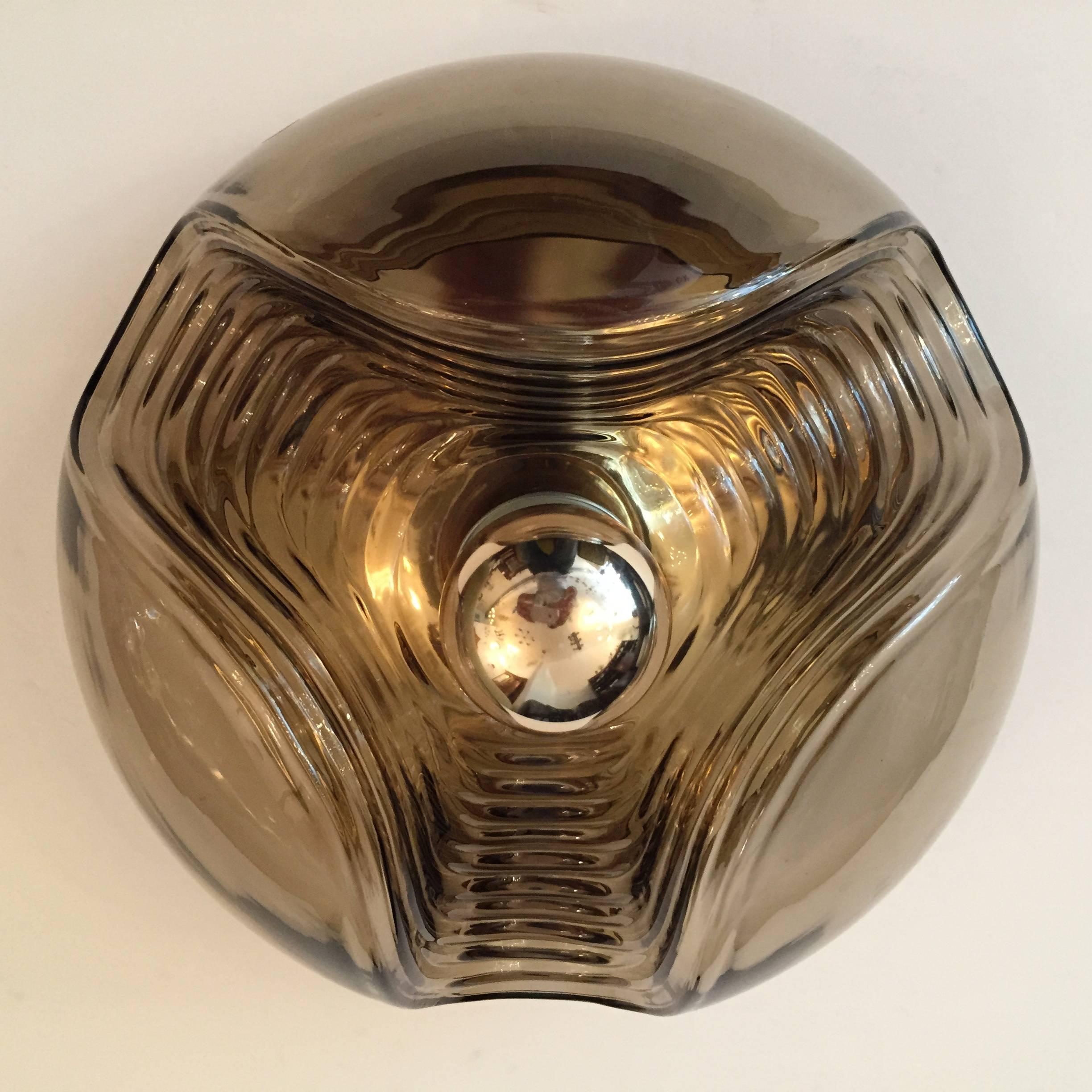 Space Age Pair of Large Smoked Glass Peill and Putzler Ceiling Wall Lights, 1960s