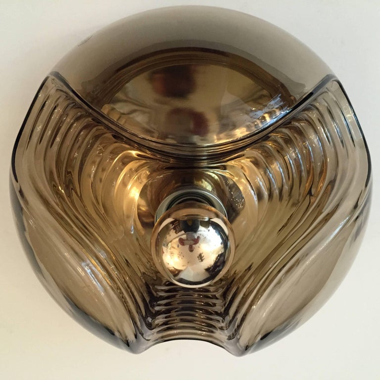 Mid-20th Century Pair of Large Smoked Glass Peill and Putzler Ceiling Wall Lights, 1960s For Sale