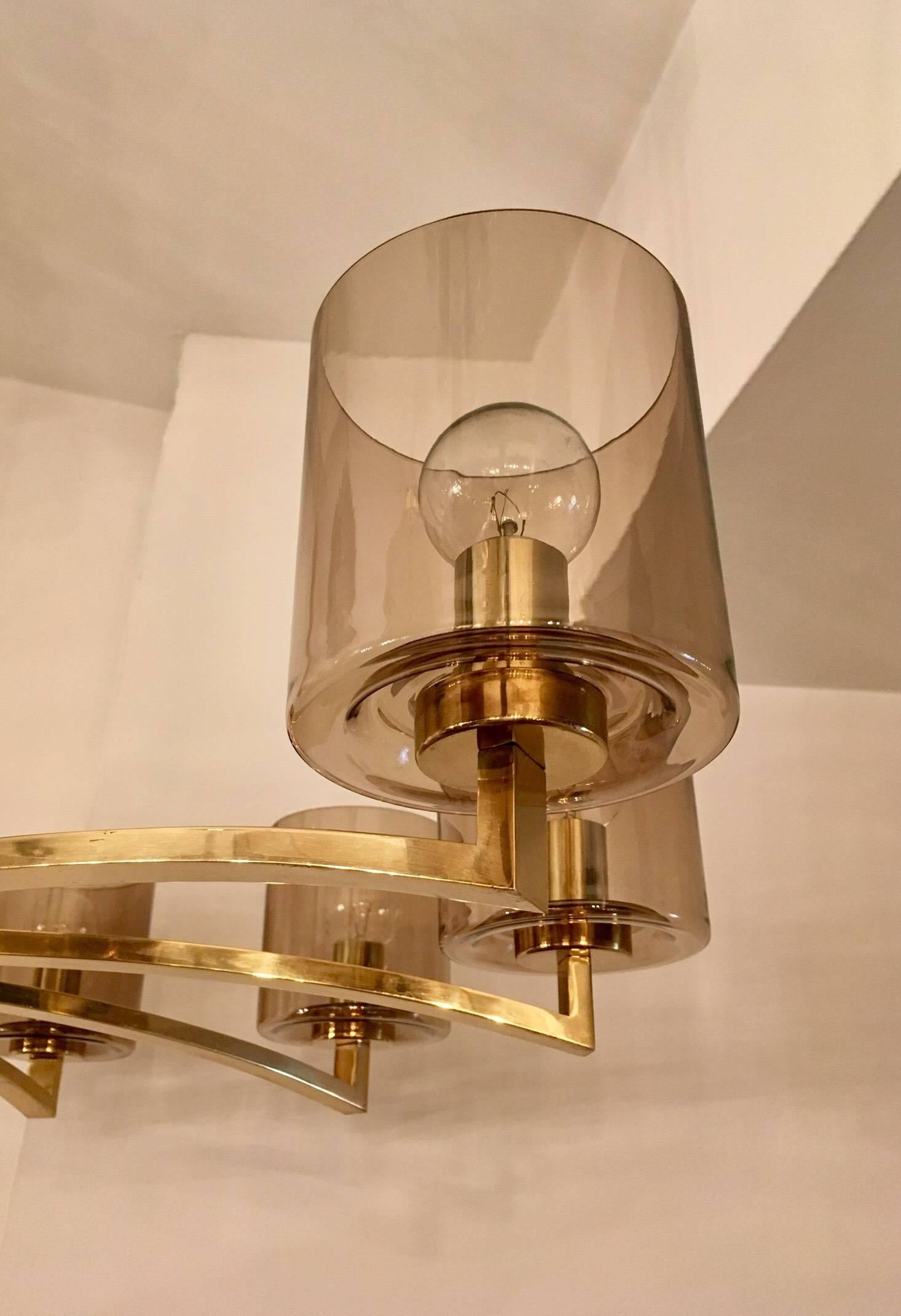 Large Swedish, 1970s Brass Smoked Glass Chandelier In Excellent Condition In New York, NY