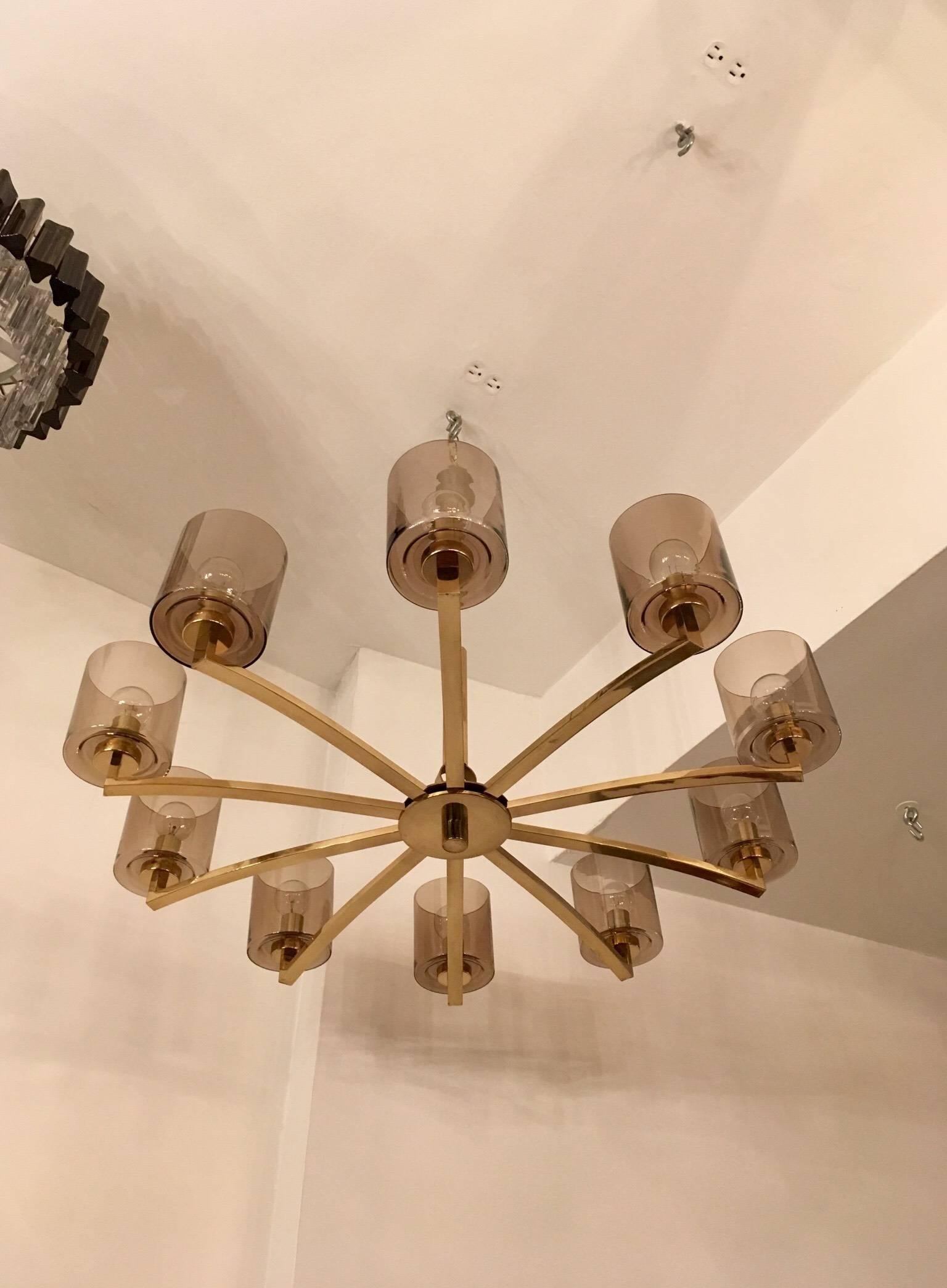 Large Swedish, 1970s Brass Smoked Glass Chandelier 2