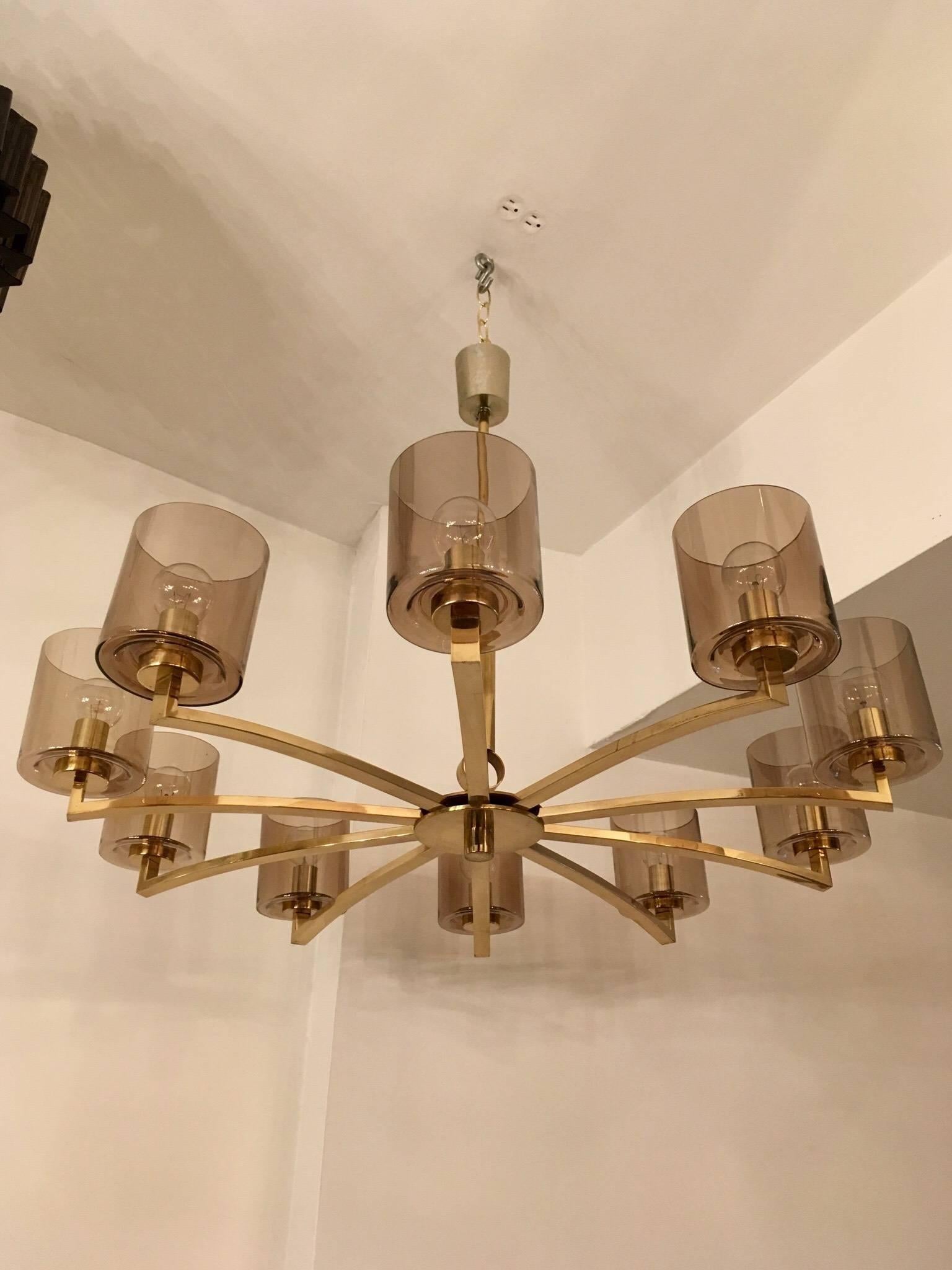 Large Swedish, 1970s Brass Smoked Glass Chandelier 3