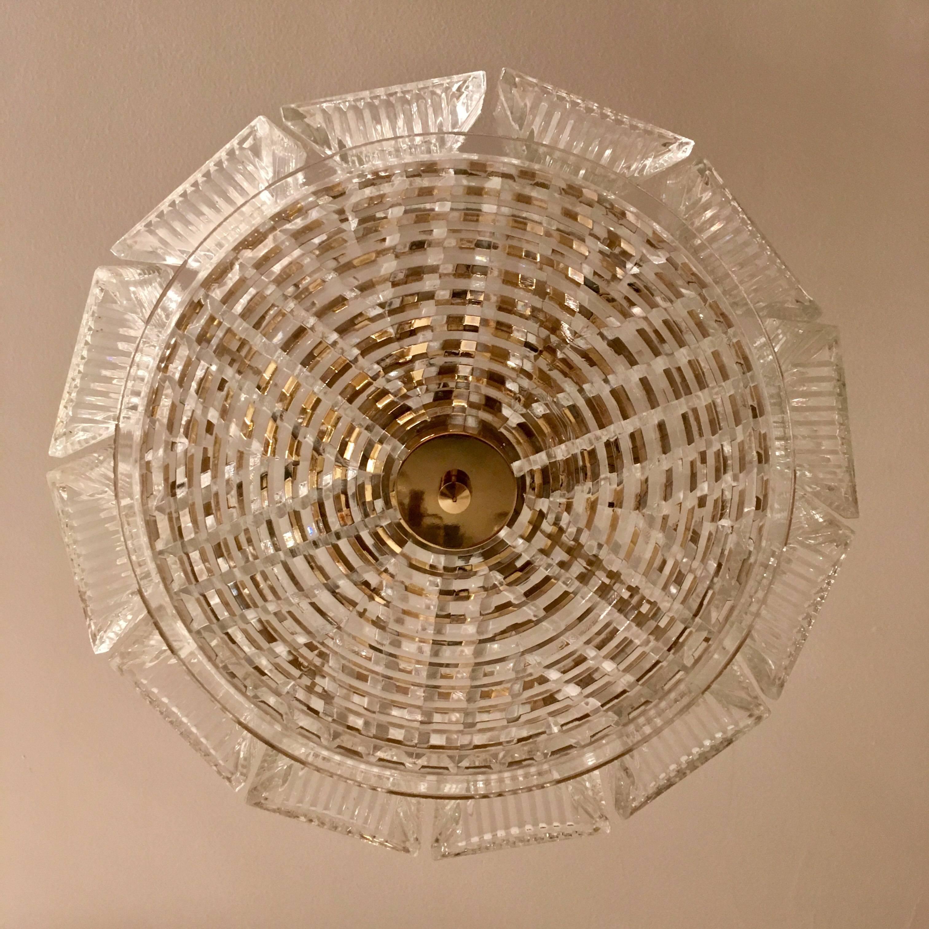 Brass Orrefors Swedish Crystal 1950s Flush Ceiling Hanging Amid Century Pendant