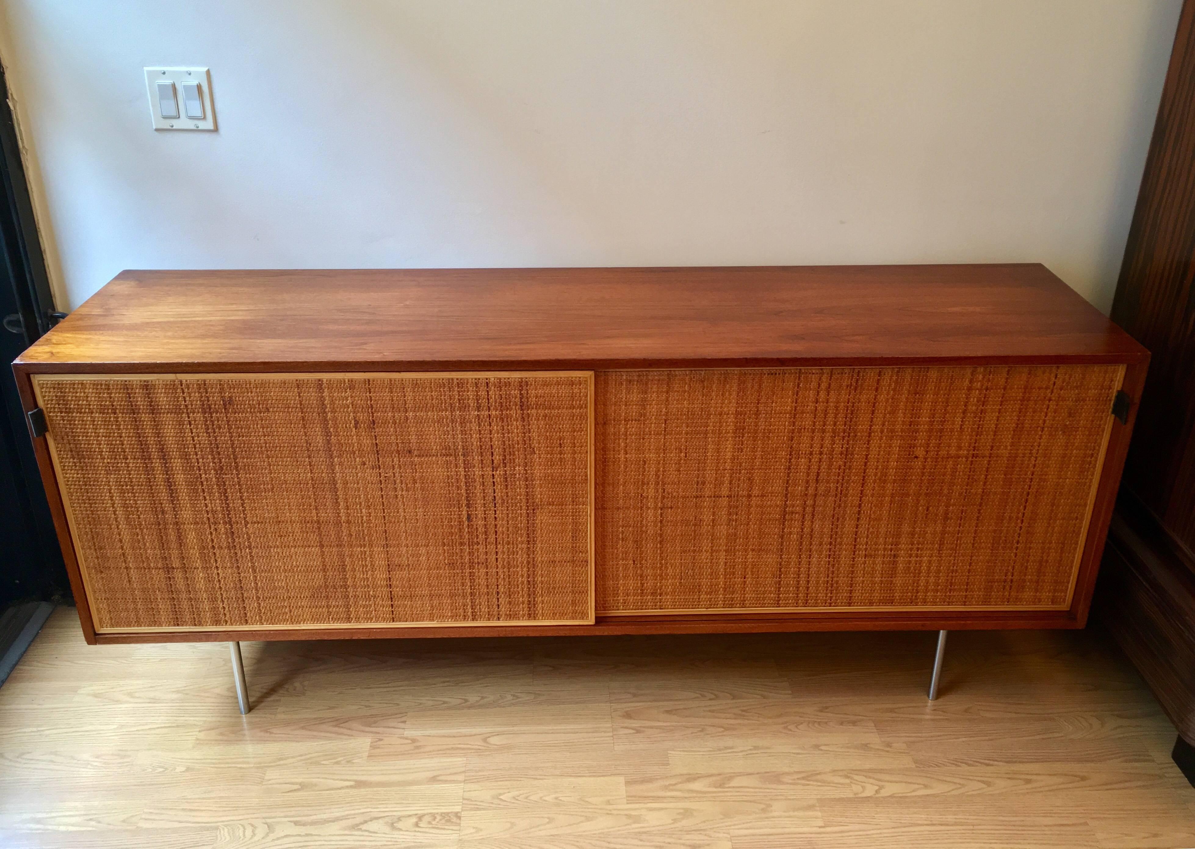 Mid-Century Modern Florence Knoll Grasscloth Walnut, 1950s Credenza Cabinet