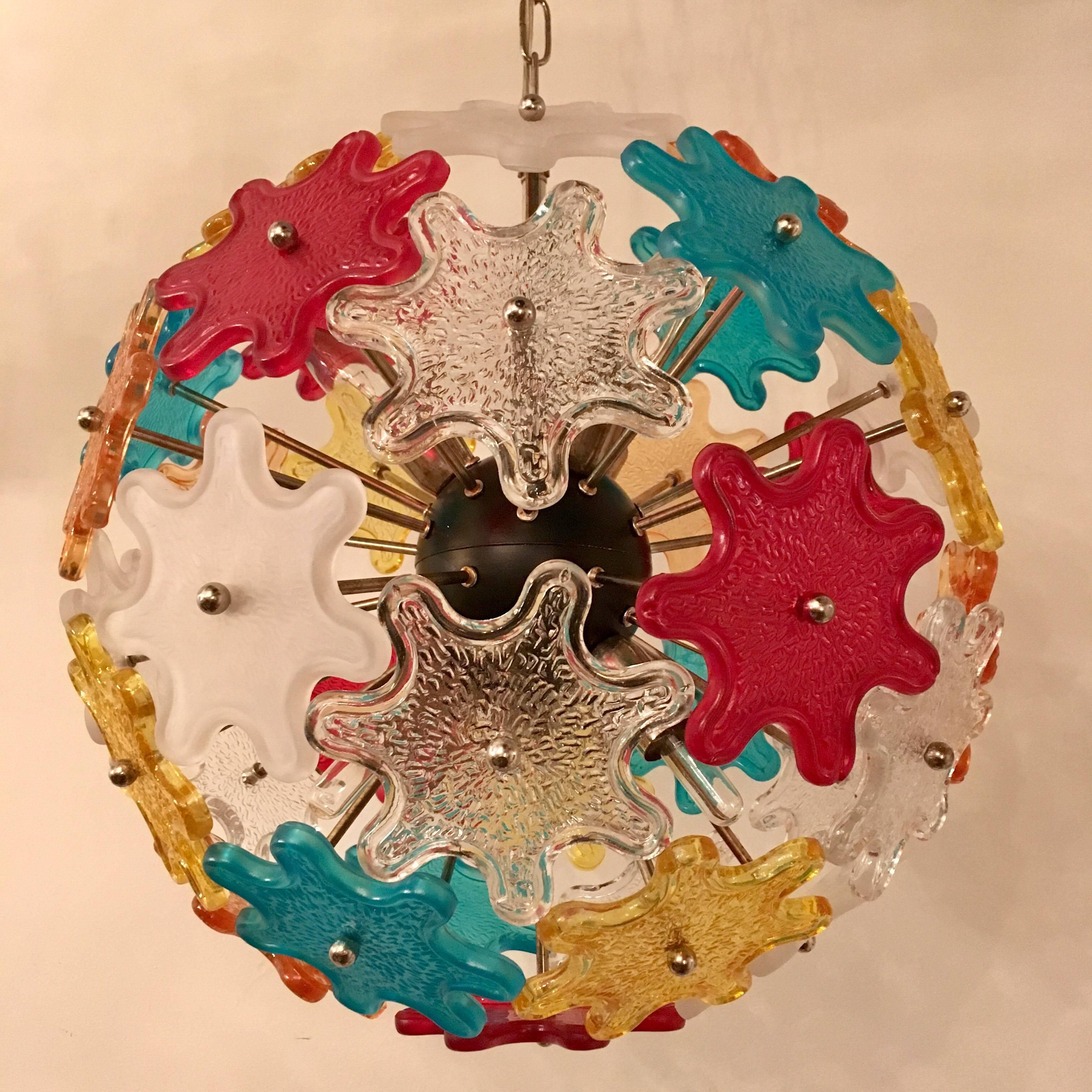 Murano Glass Colored Italian, 1960s Pendant Chandelier In Excellent Condition In New York, NY