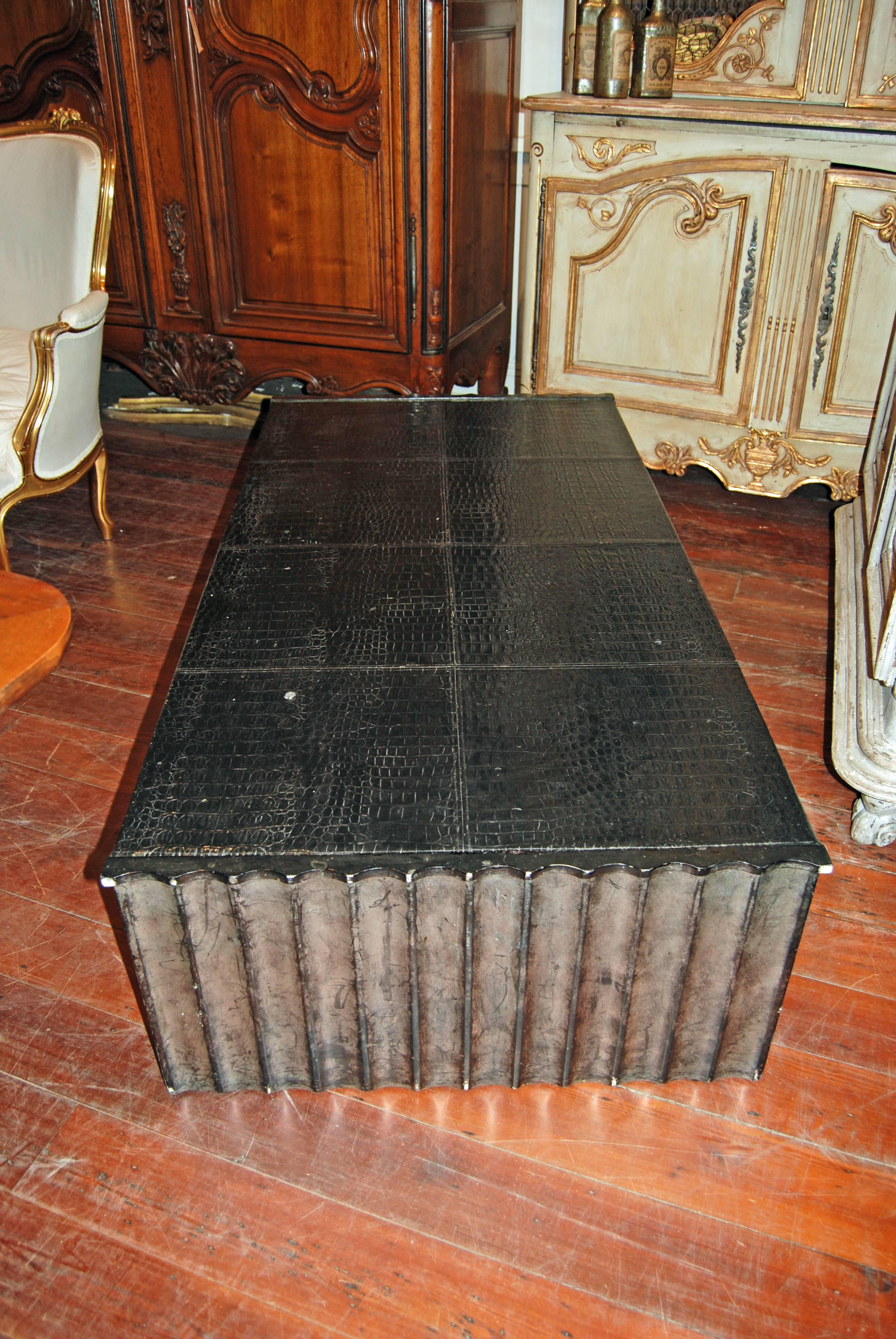 Unusual Industrial faux croc and tin coffee table.