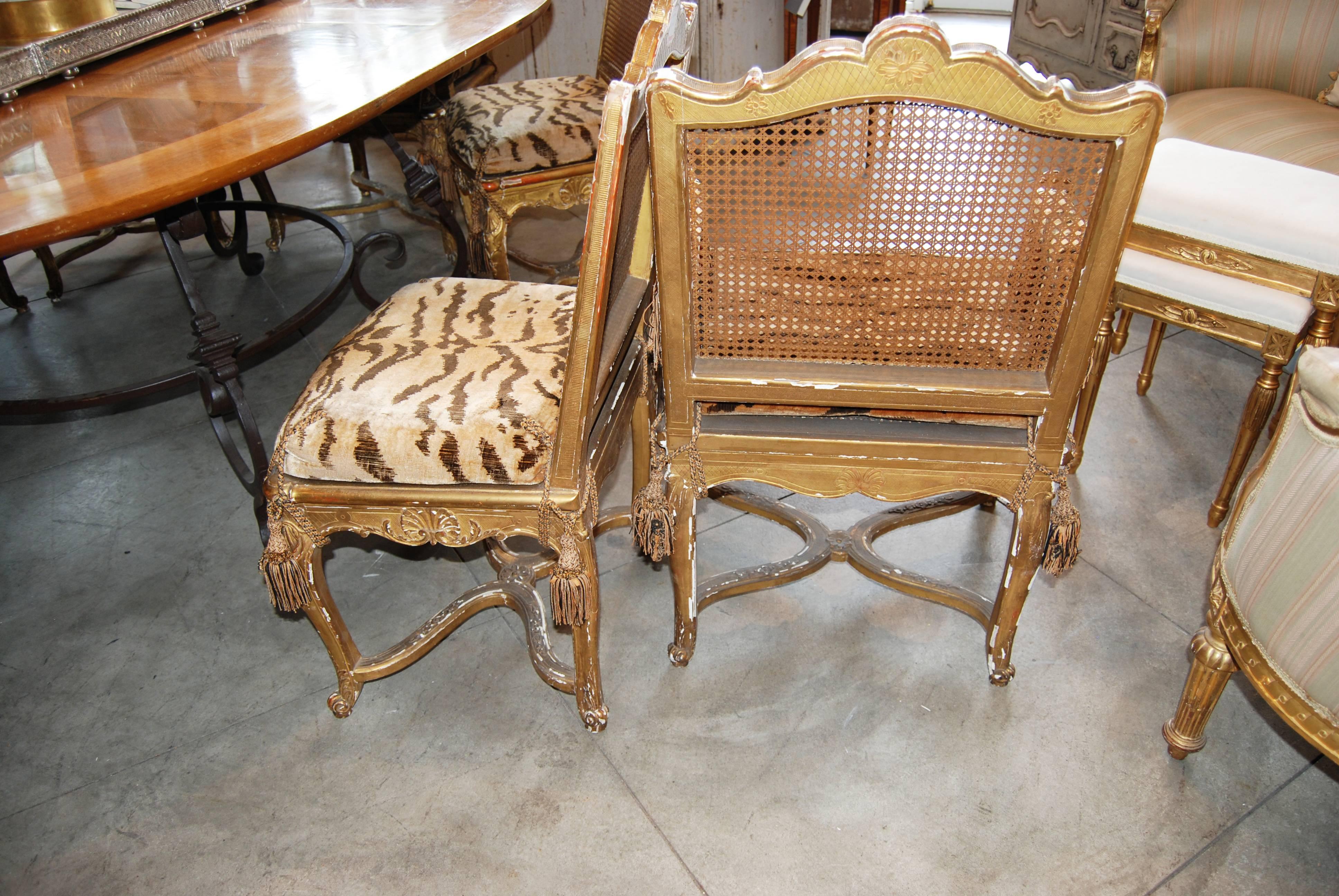 French Set of 12 19th Century Giltwood and Cane Dining Chairs For Sale