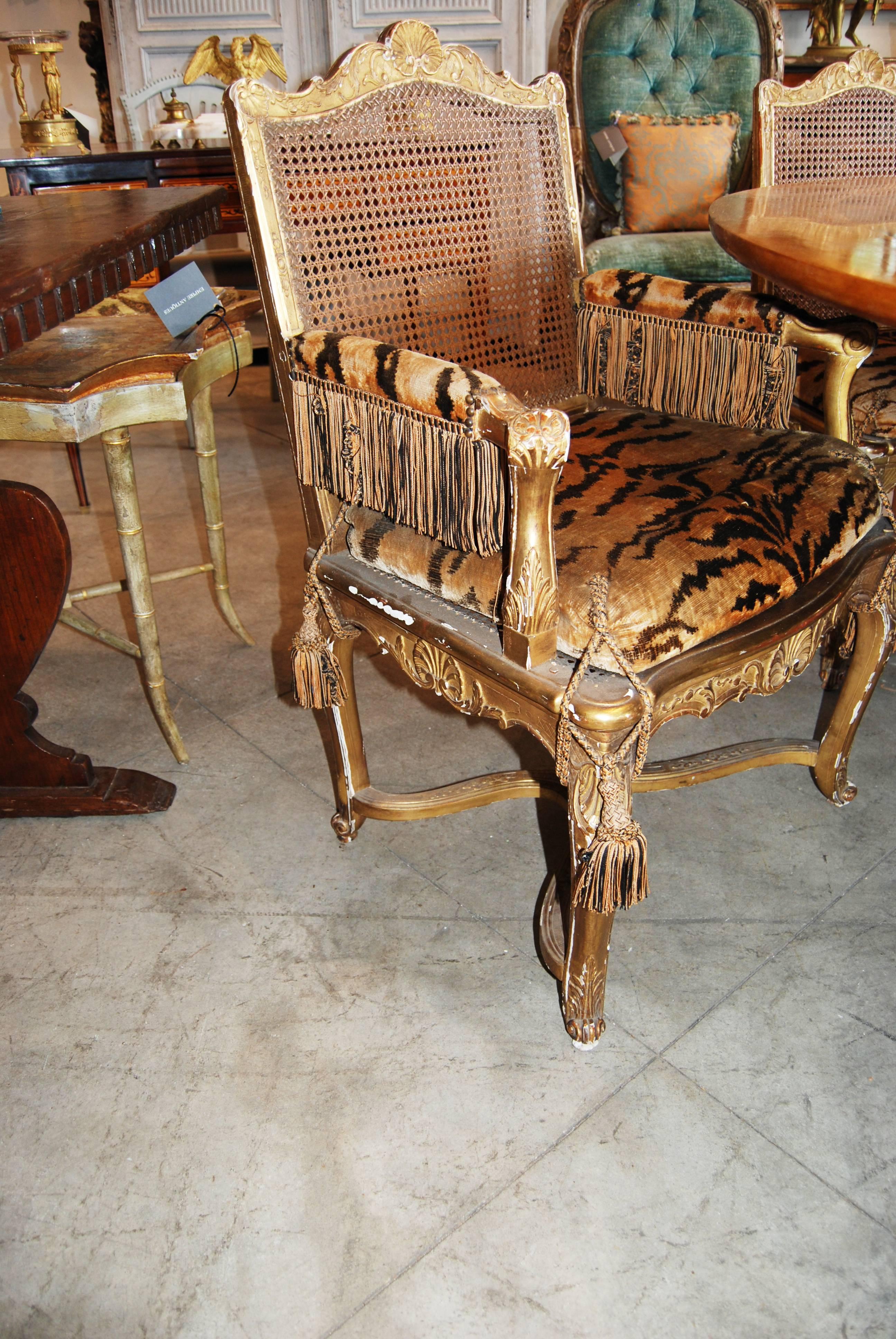 Set von 12 Esszimmerstühlen aus vergoldetem Holz und Schilfrohr aus dem 19. Jahrhundert im Zustand „Gut“ im Angebot in New Orleans, LA