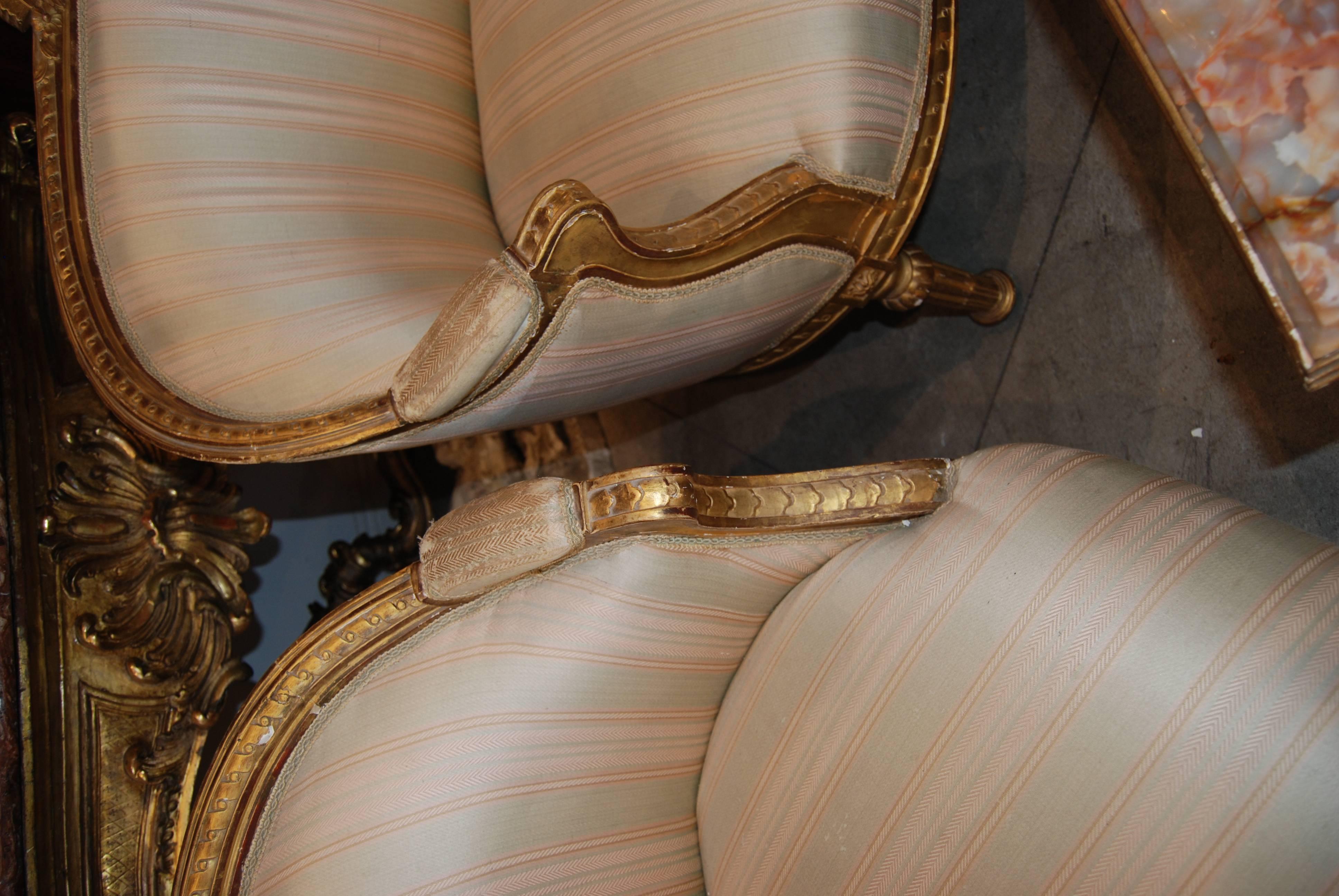 19th Century Exceptional Pair of Carved and Gilded Marquis Armchairs For Sale
