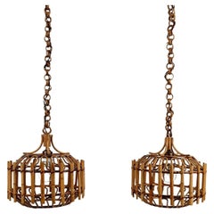 Pair of Italian Handcrafted Pendants Lights in Cane & Rattan, Albini style, 60s