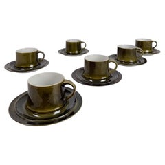Mid-Century Scandinavian Style Cups and Saucers in Organic Olive Green Glaze