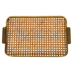 Mid Century Modern Tray in Christian Dior Style, Lucite, Brass & Cane Webbing