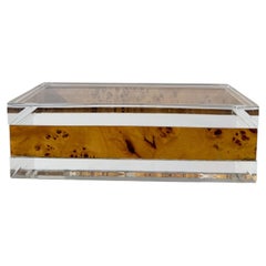 Caja rectangular de mediados del siglo XX, de lucita transparente y madera de nudo, Italia, años 70