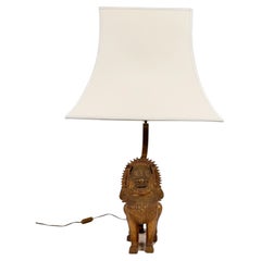Thai Singha Lion Foo Dog Gilt Bronze Table Lamps with Brass and Travertine, 70s