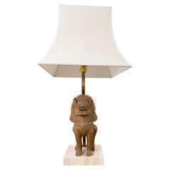 Thai Singha Lion Foo Dog Gilt Bronze Table Lamps with Brass and Travertine, 70s
