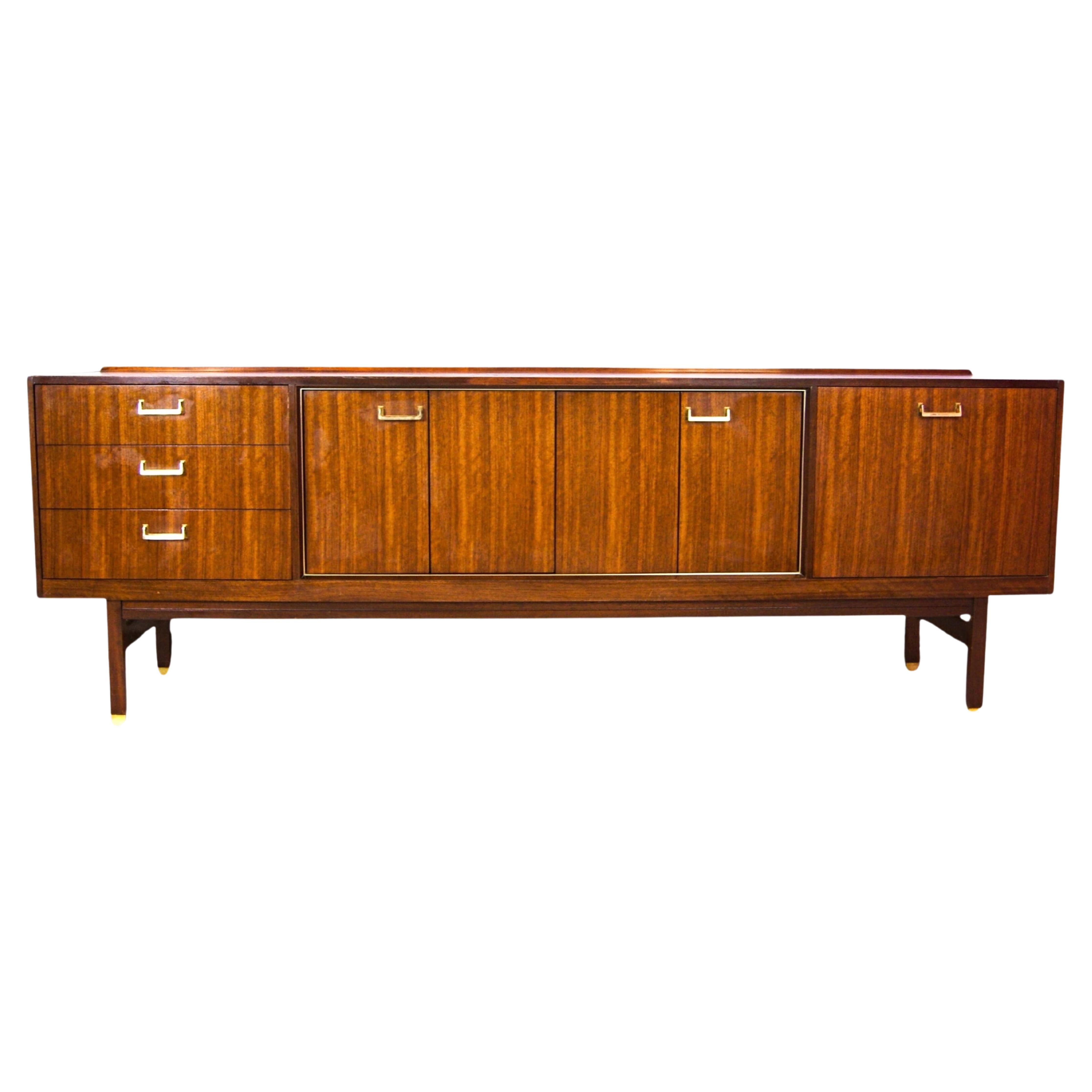 Retro 1950s Long Teak Sideboard by E Gomme With Brass Handles & Concertina Doors For Sale