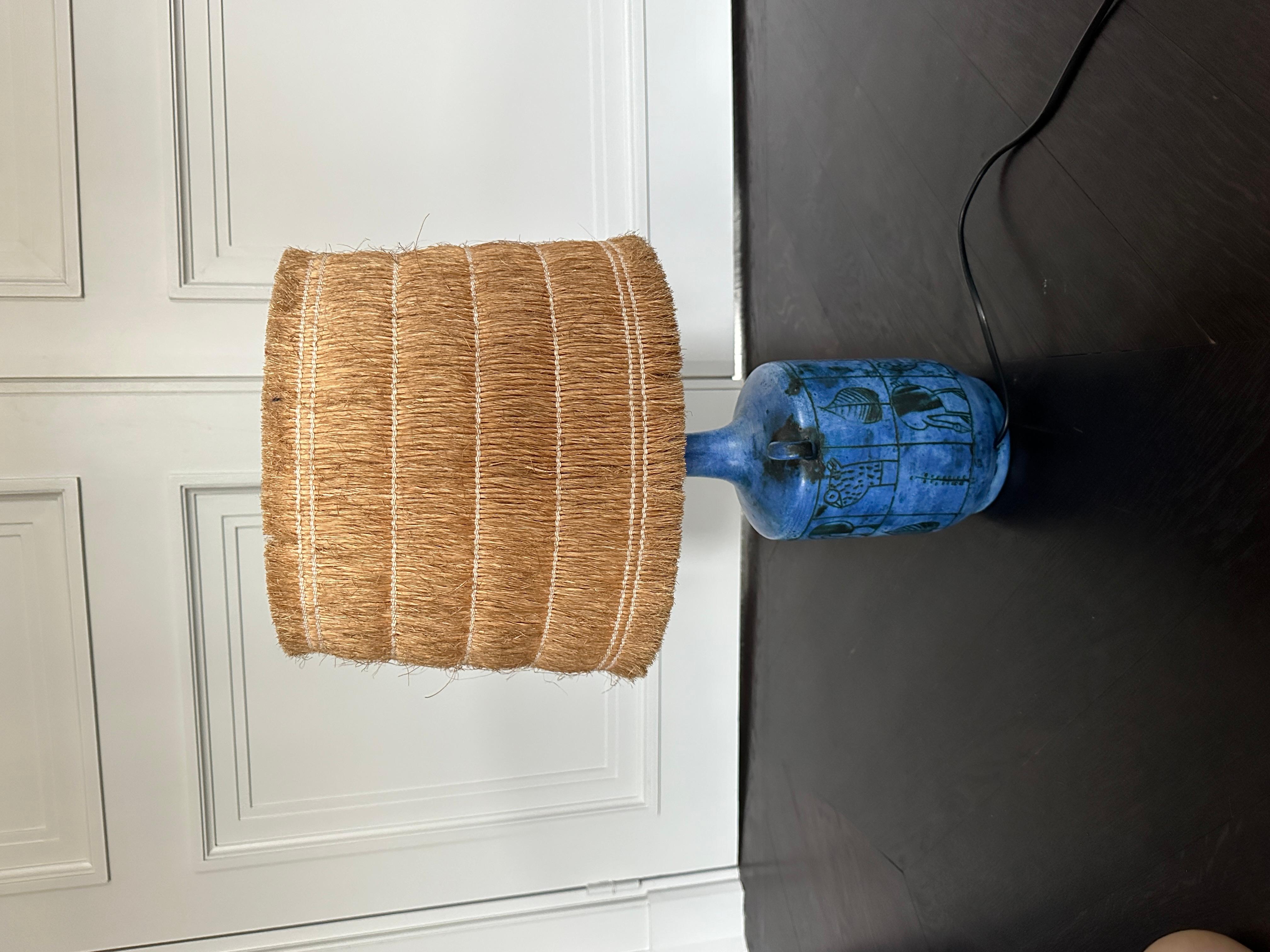 Raffia Jacques Blin ceramic lamp by with original straw shade France 1950 signed  For Sale