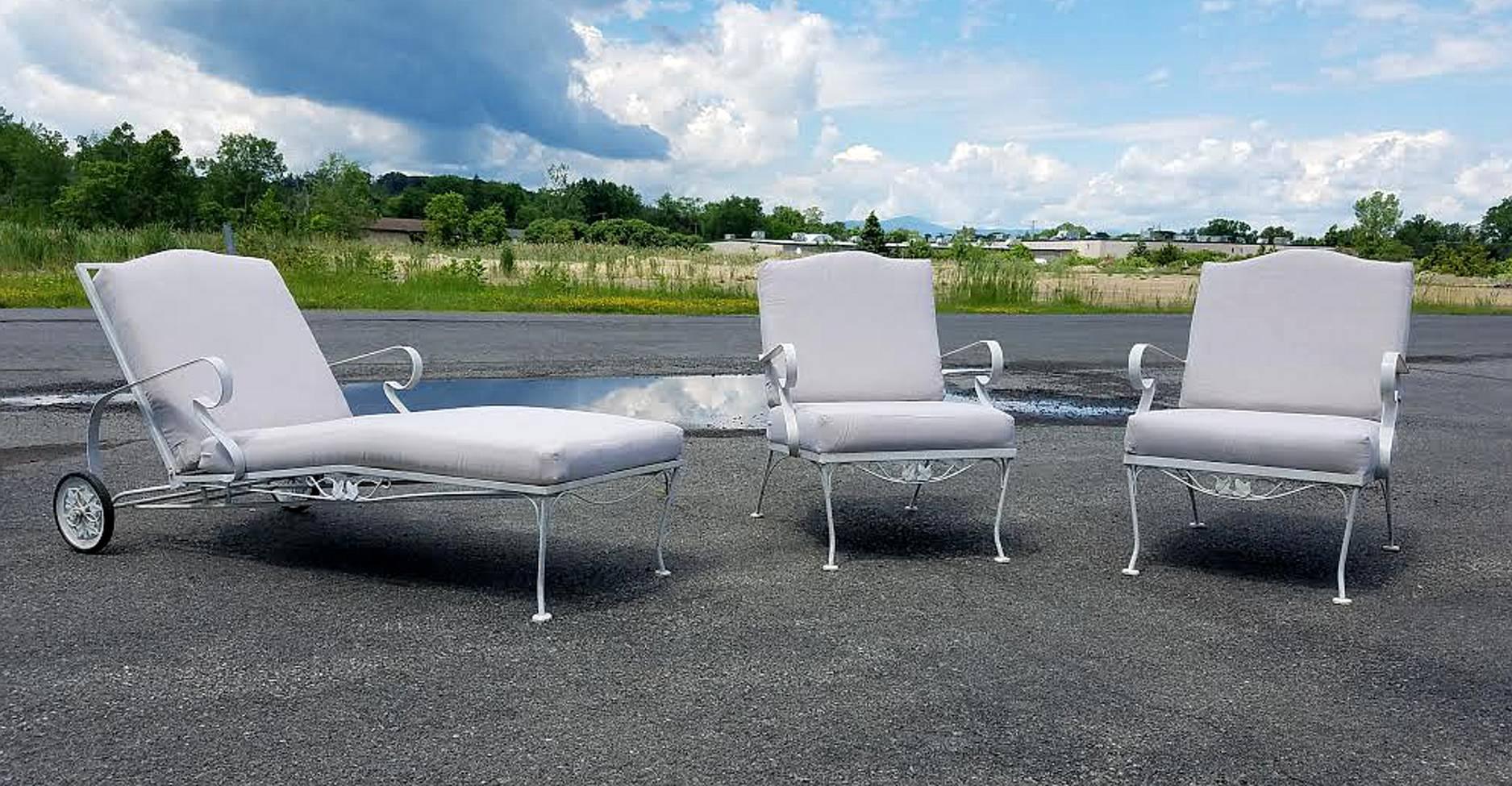 A very handsome and comfortable three-piece set by Russell Woodard. Created in the 1950s the lounge chairs are generous in proportion and hand made from very sturdy iron. The lounge has an adjustable height back and wheels for easy movement.
Very