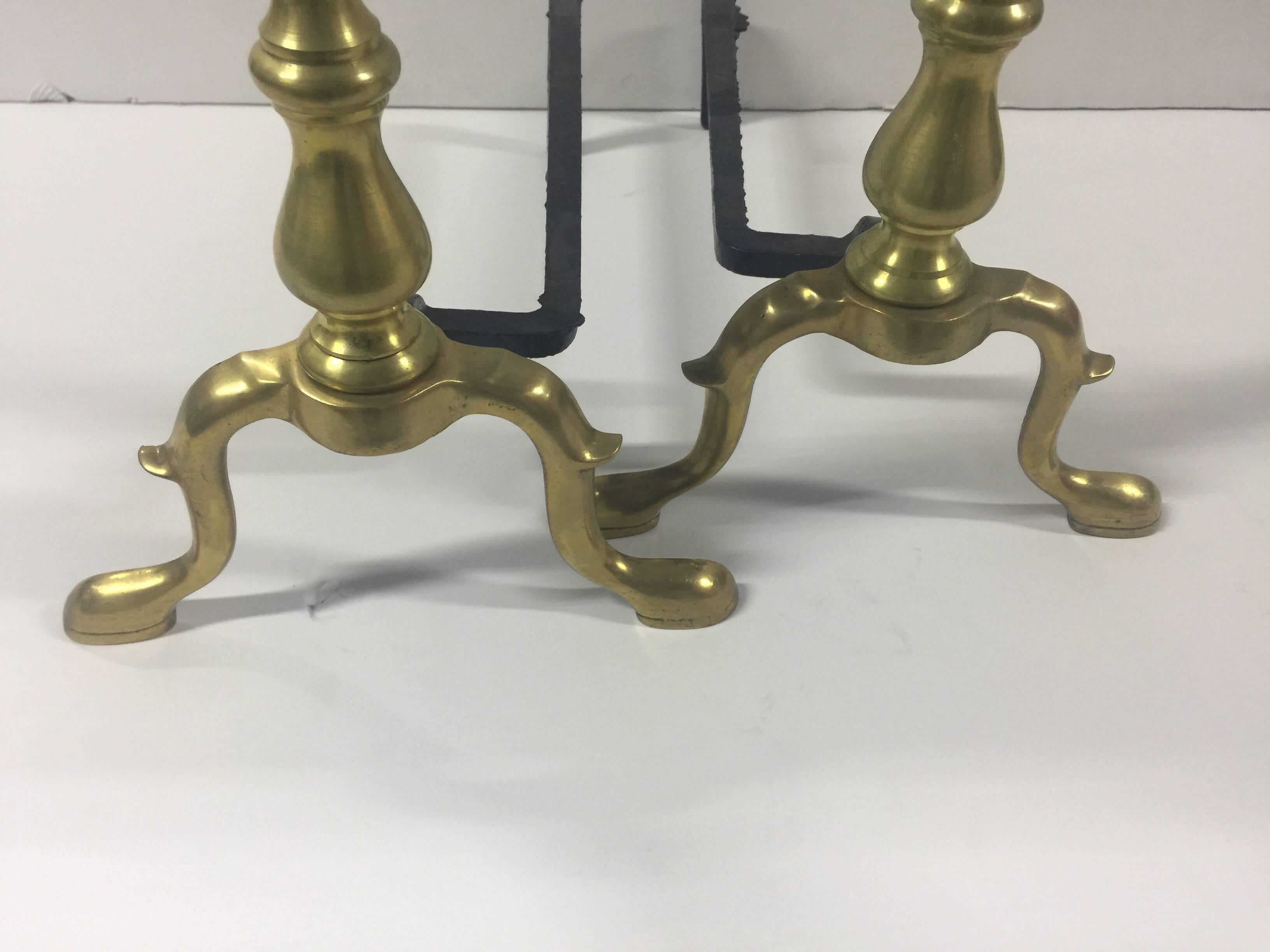 American Vintage 1940s Traditional Polished Brass Andirons