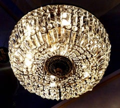 Pair of Spectacular Flush Mount Crystal and Bronze Basket Chandeliers
