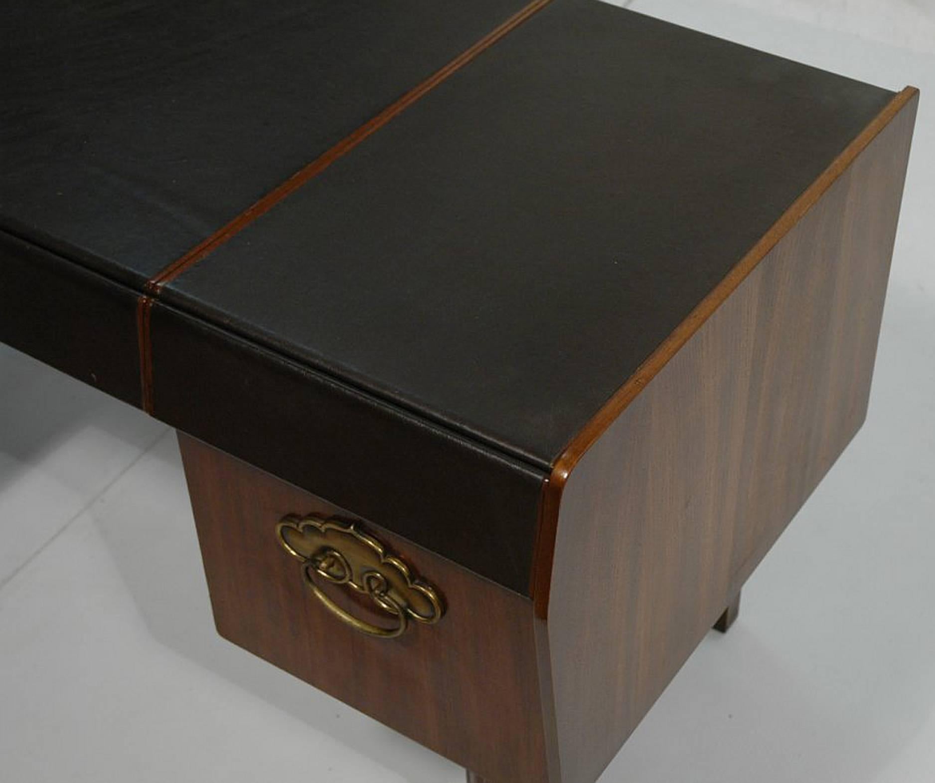 Patinated Leather Top, Walnut and Bronze Desk by Bert England for Widdicomb