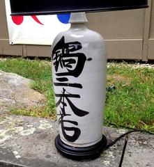 Pair of Antique Japanese Pottery Lamps with Hand Painted Calligraphy