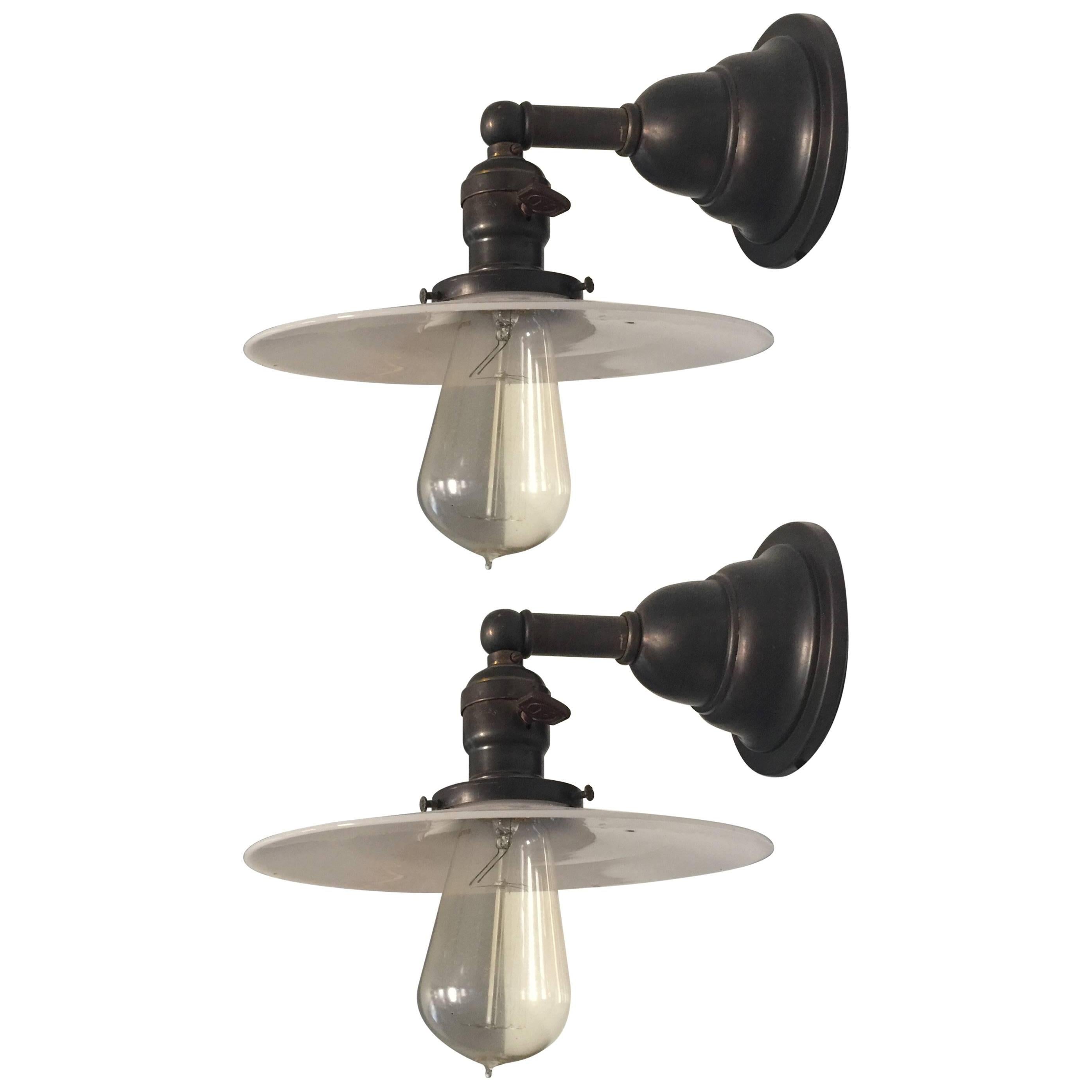 Pair of Vintage Bronzed Wall Lamps with Milk Glass Shades
