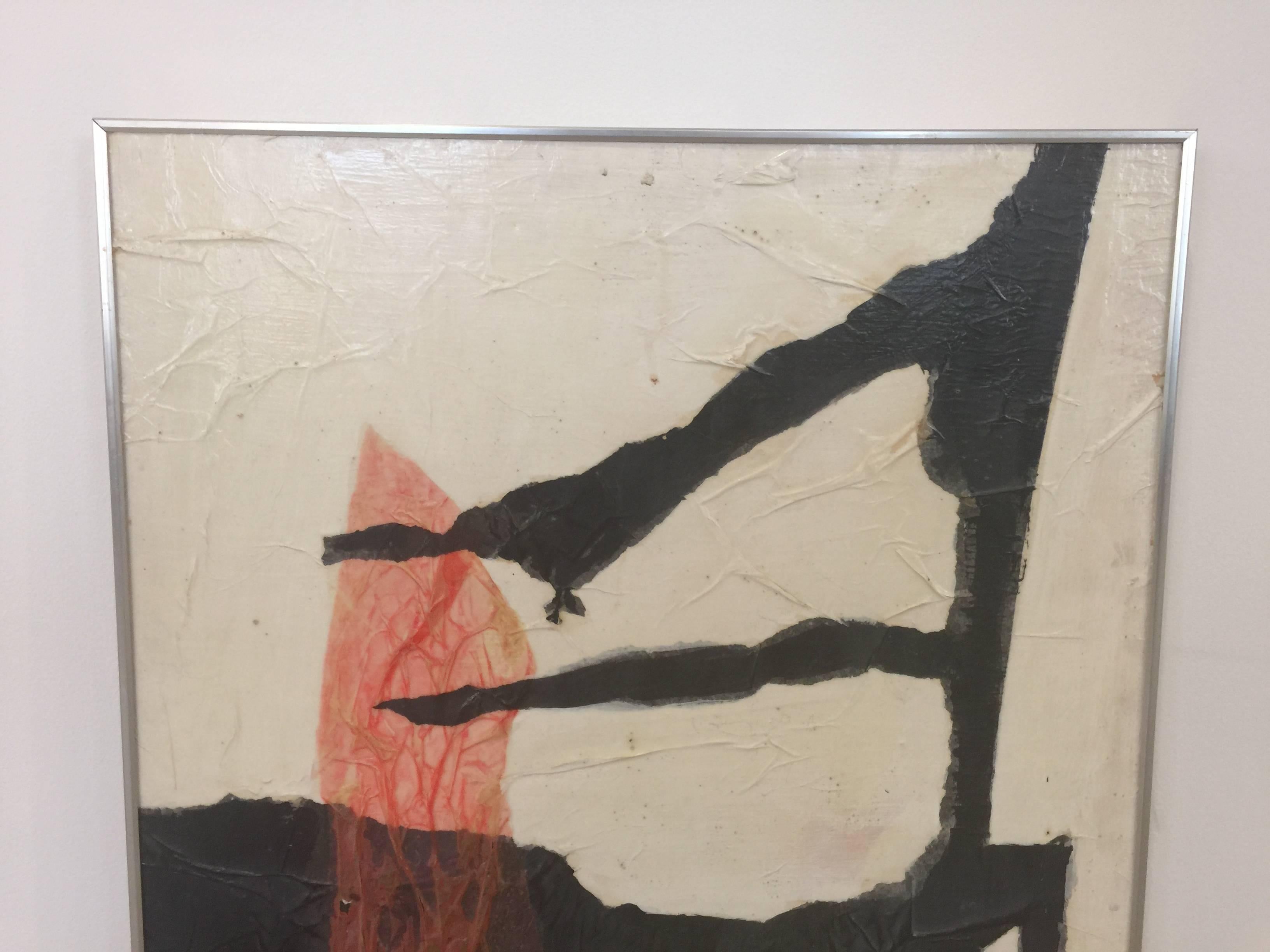 Mixed-media collage on panel painting by Ann Purcell (b. 1941). Untitled. Signed/Dated 1969. Black and coral against white. 
Provenance: Acquired from U.S. collector. Original metal frame.

Artist bio by Paul Behnke:
Ann Purcell is a nationally