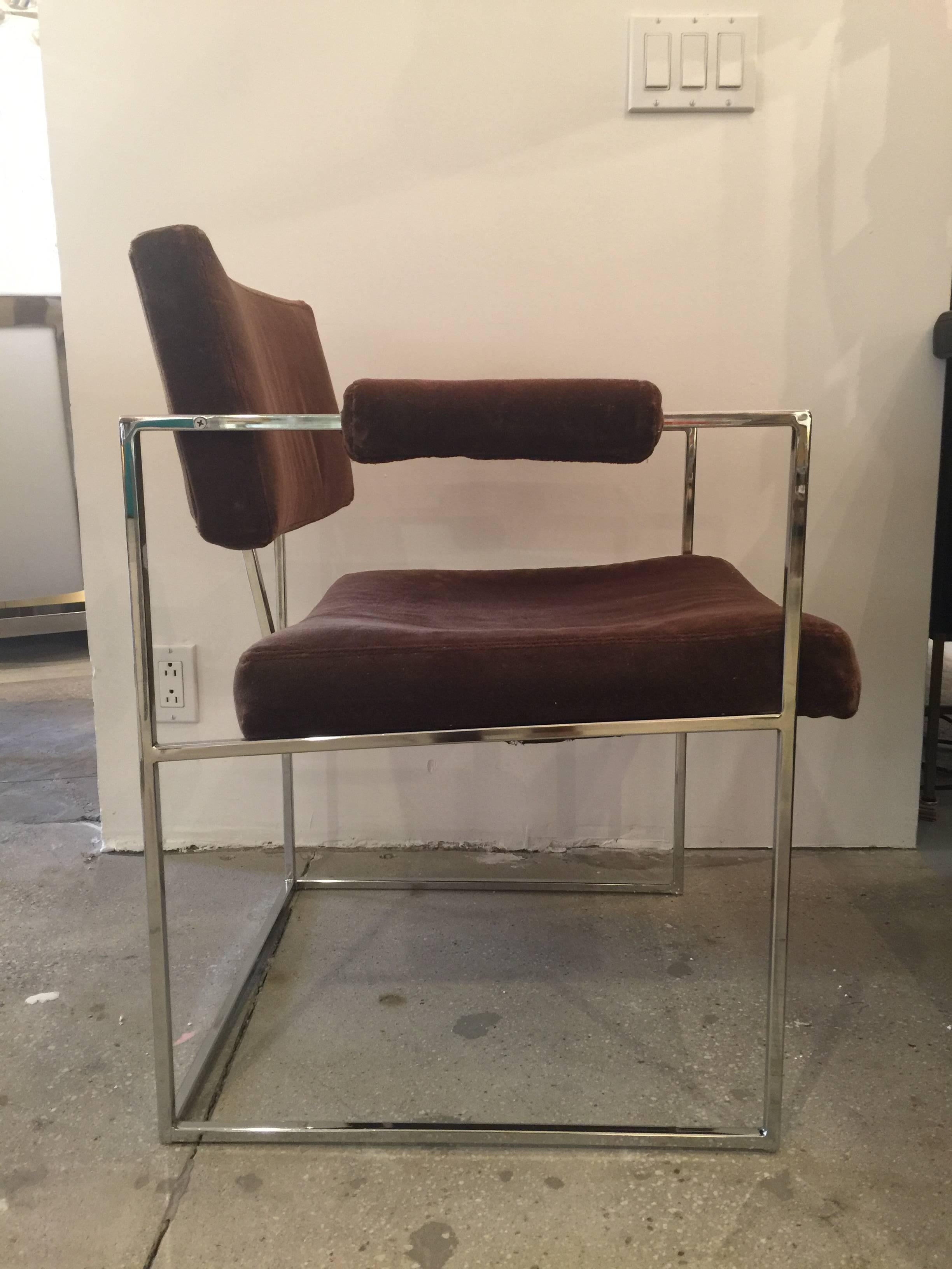 A set of cube shaped chrome dining chairs by Milo Baughman for Thayer Coggin, USA, circa 1970. Price includes COM (custom re-upholstery in Client's Own Material). Two yards of material per chair required.

Priced and sold individually; up to 12