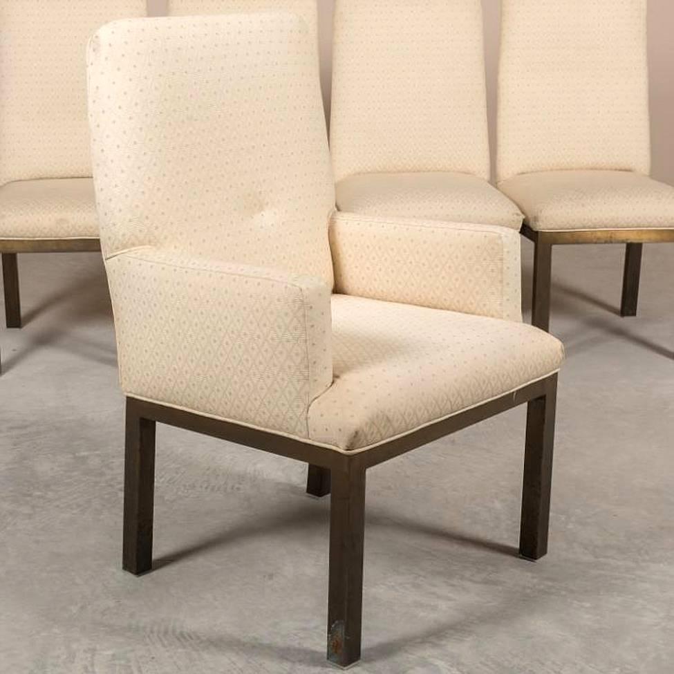 Group of six, bronze based, upholstered dining chairs by Mastercraft. Four-side and two-arm chairs. Very modern and comfortable, must be re structured and reupholstered. COM available.
Please see image of of a bronze dining table we have in