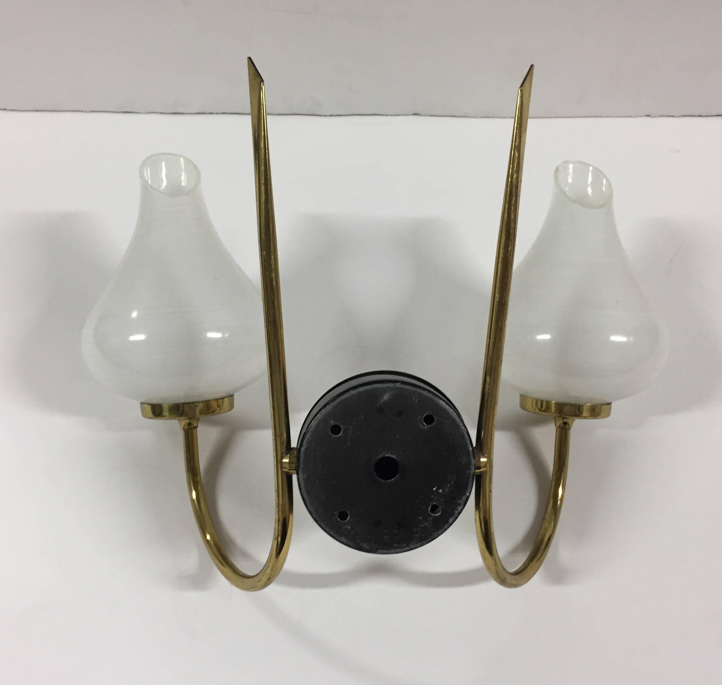 French Brass & White Glass Double Arm Wall Sconce 1