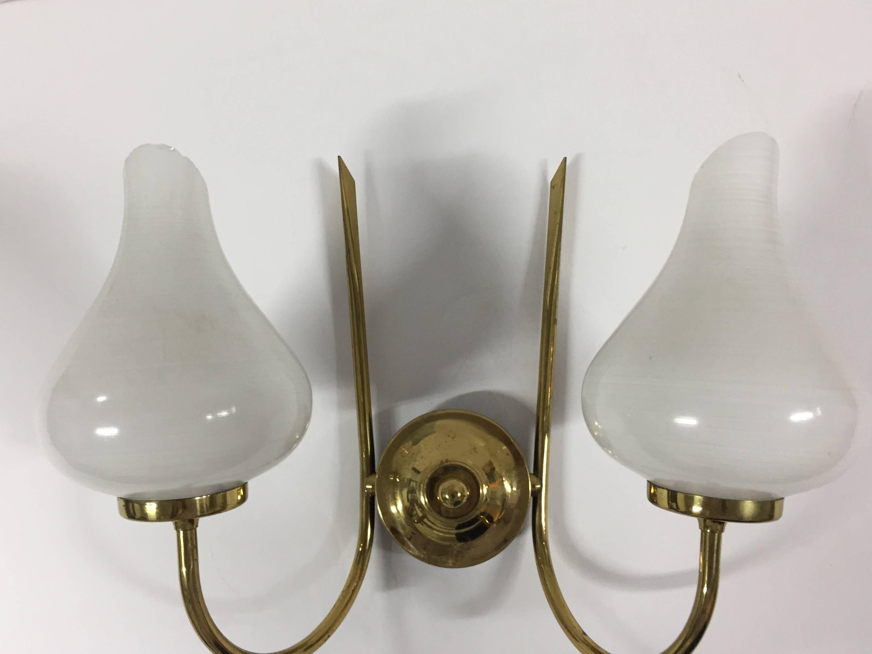 Mid-20th Century French Brass & White Glass Double Arm Wall Sconce