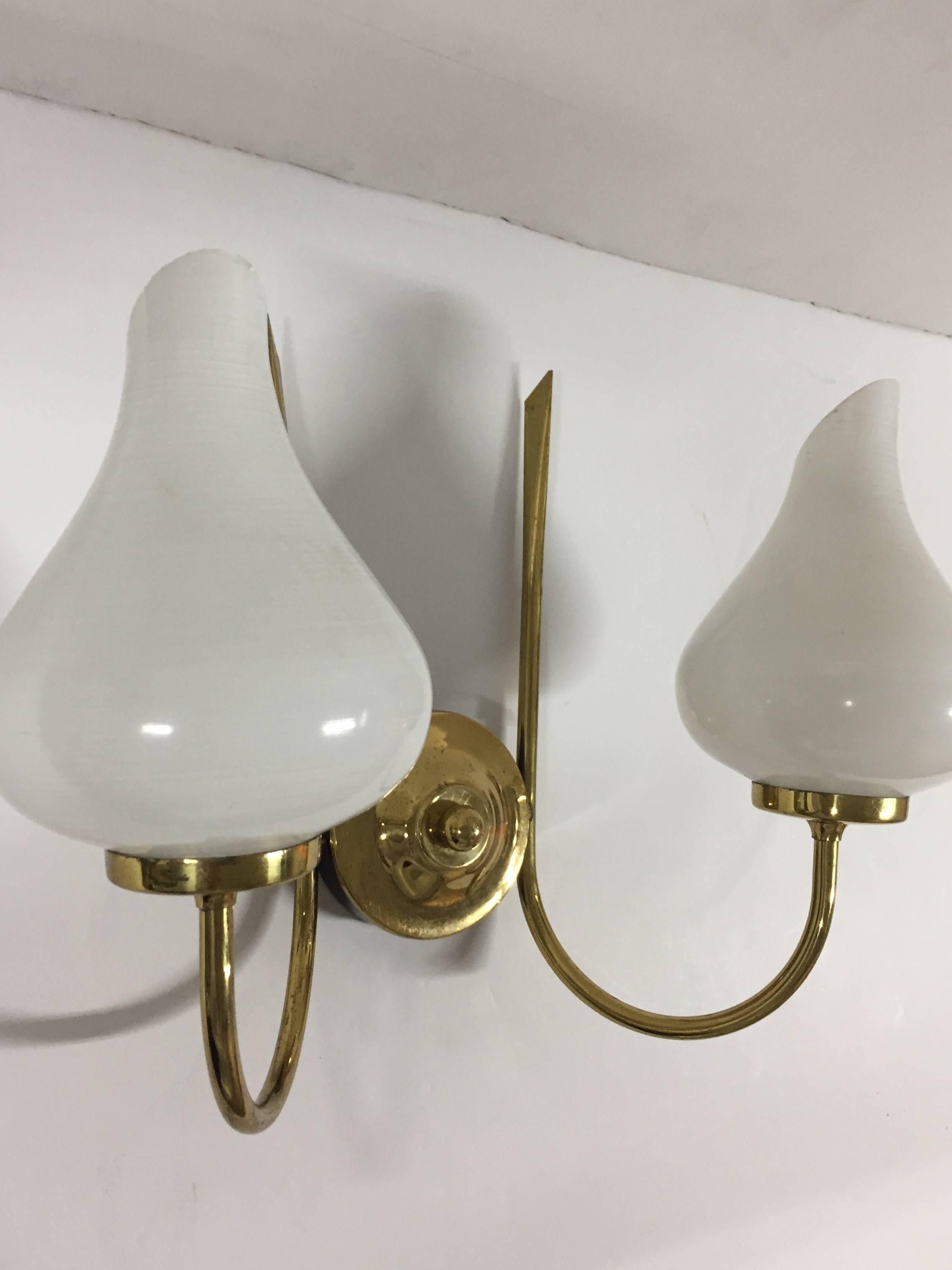 Mid-Century Modern French Brass & White Glass Double Arm Wall Sconce