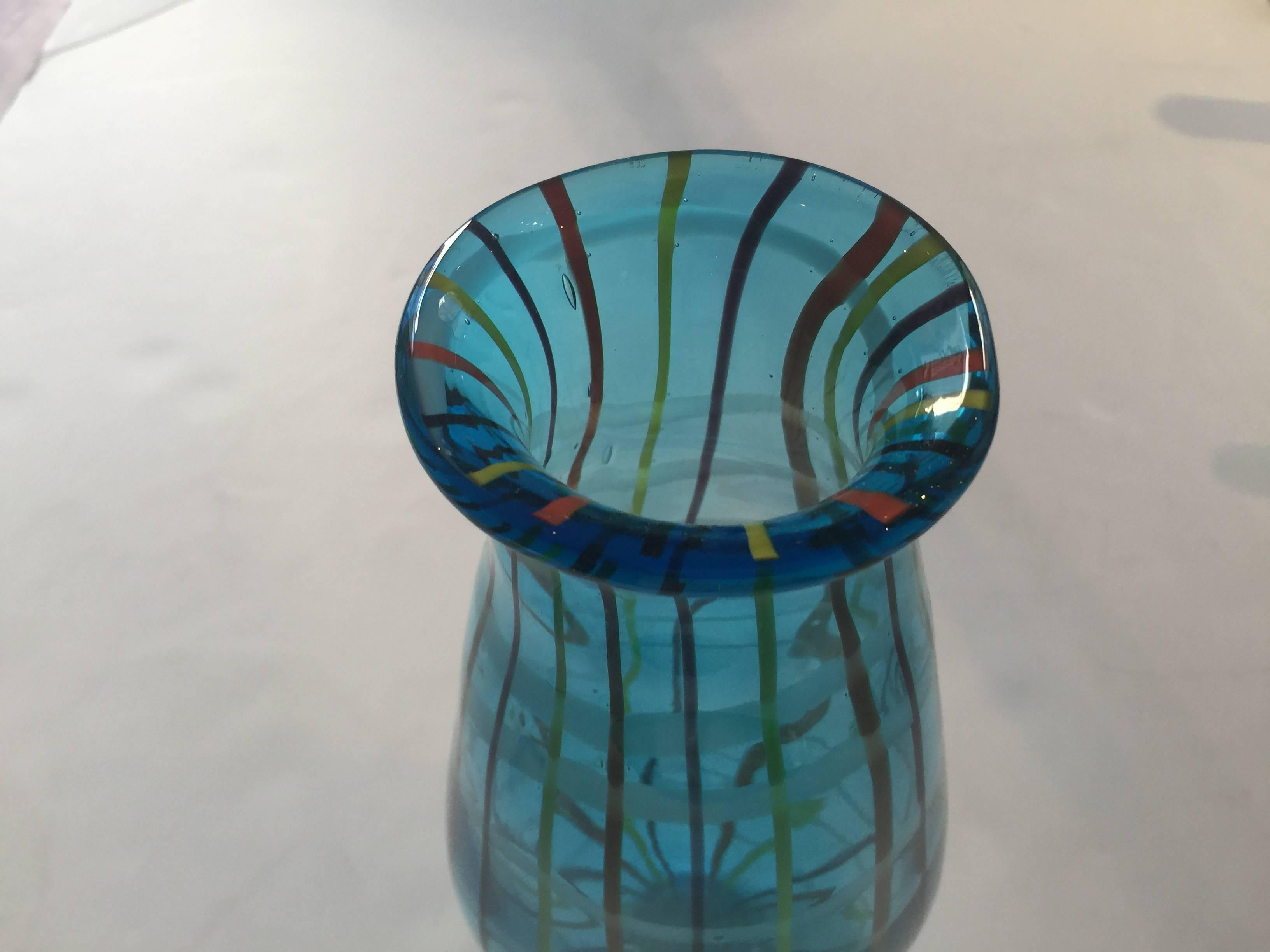 Mid-Century Modern 1970s Murano Blue Green Striped Vase
