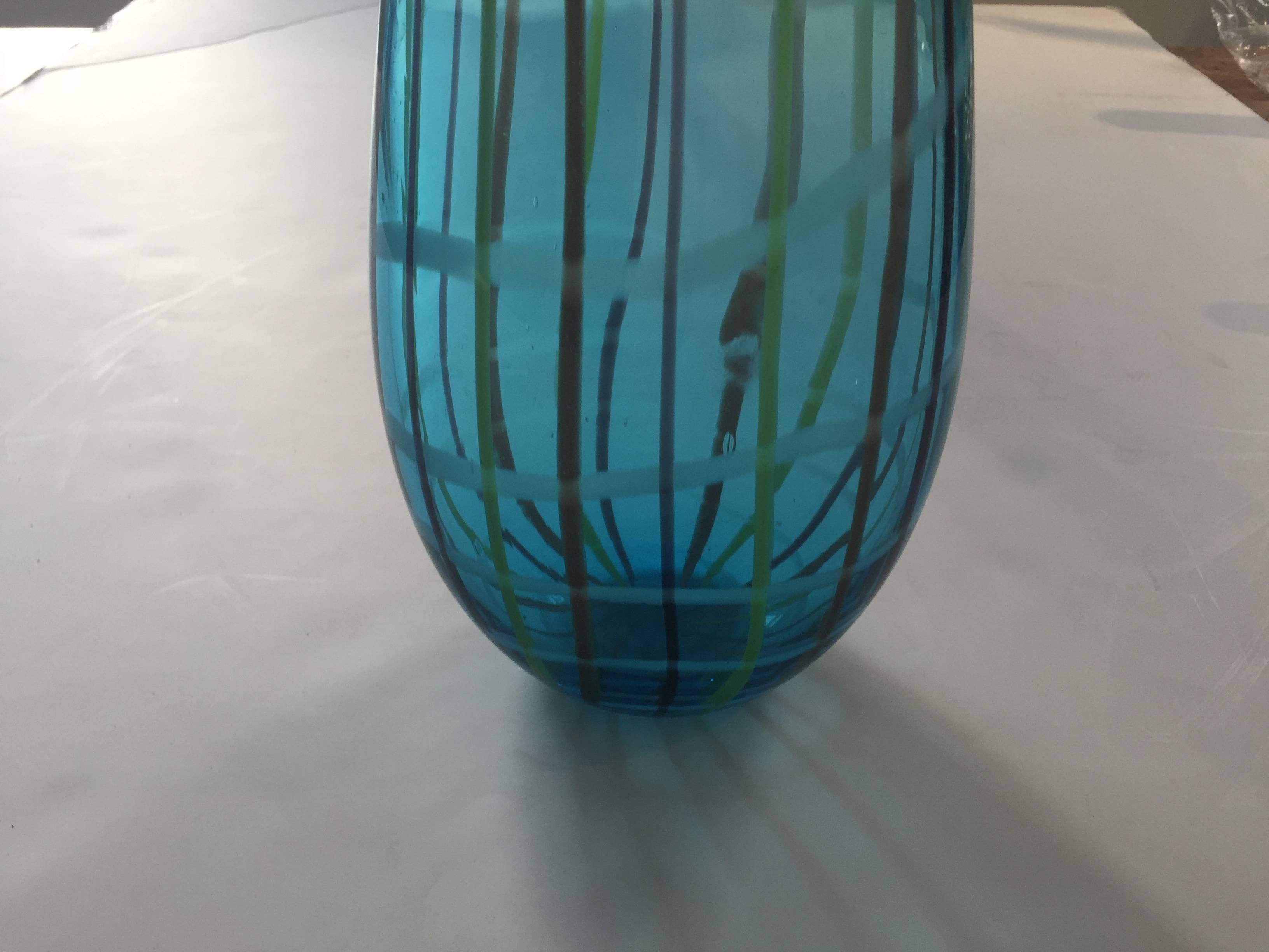 Italian 1970s Murano Blue Green Striped Vase