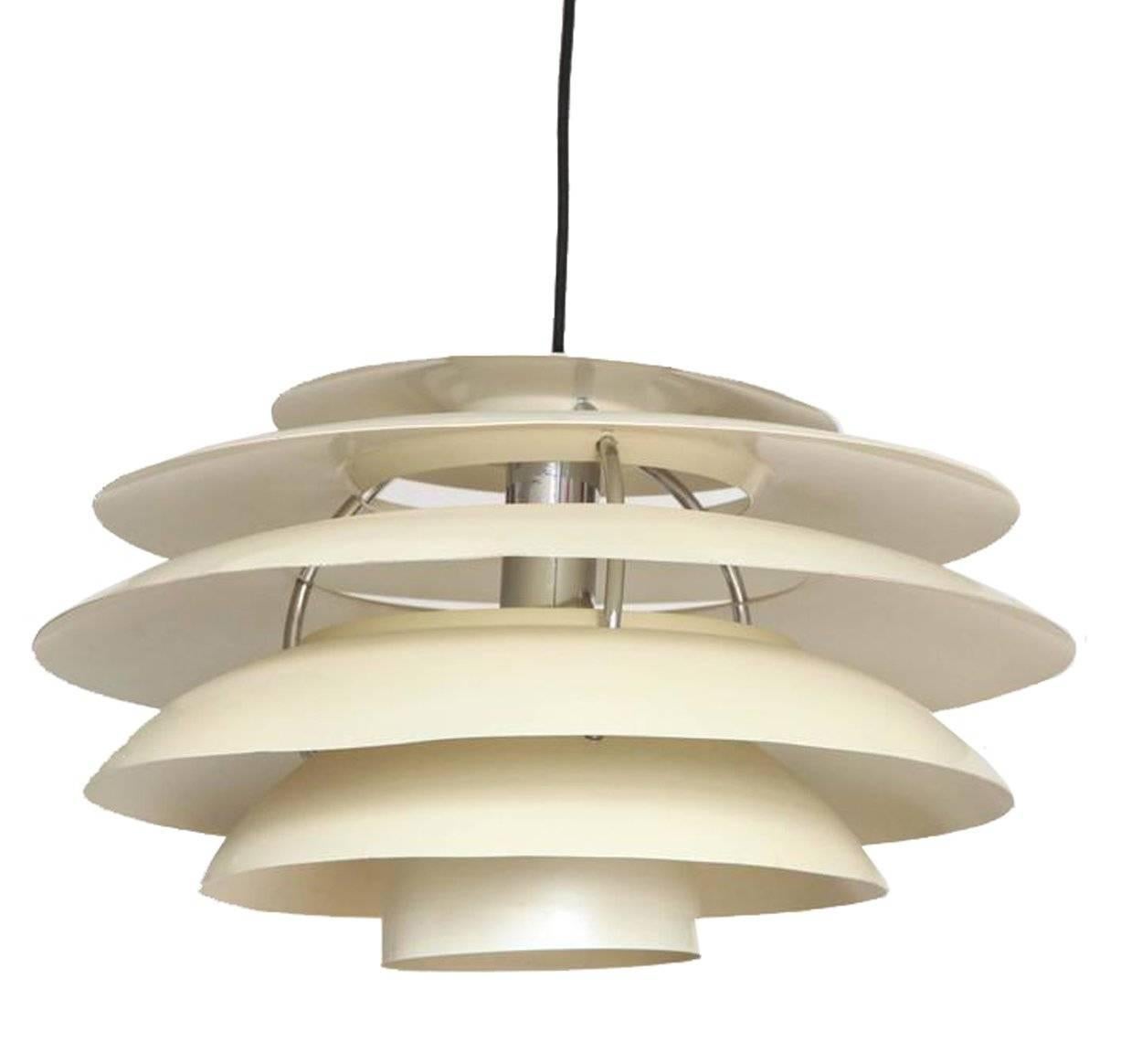 White metal hanging light fixture by Stilnovo. Signed. Model 1262.

White metal disks with chrome support rods, Italy, circa 1960.

