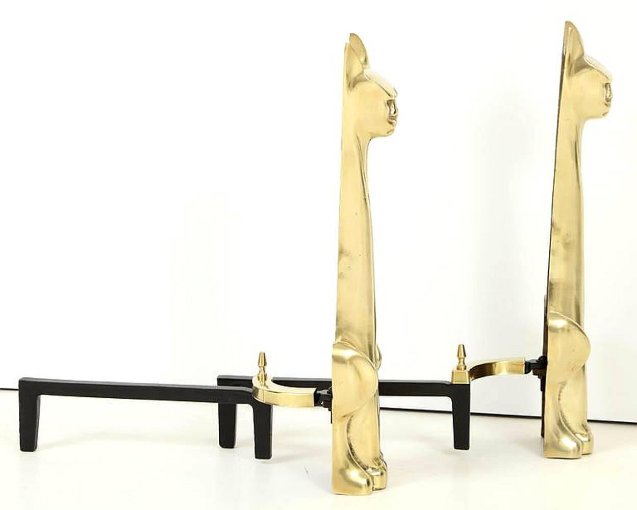 Mid-Century Modern Pair of Modernist Brass Cat Andirons