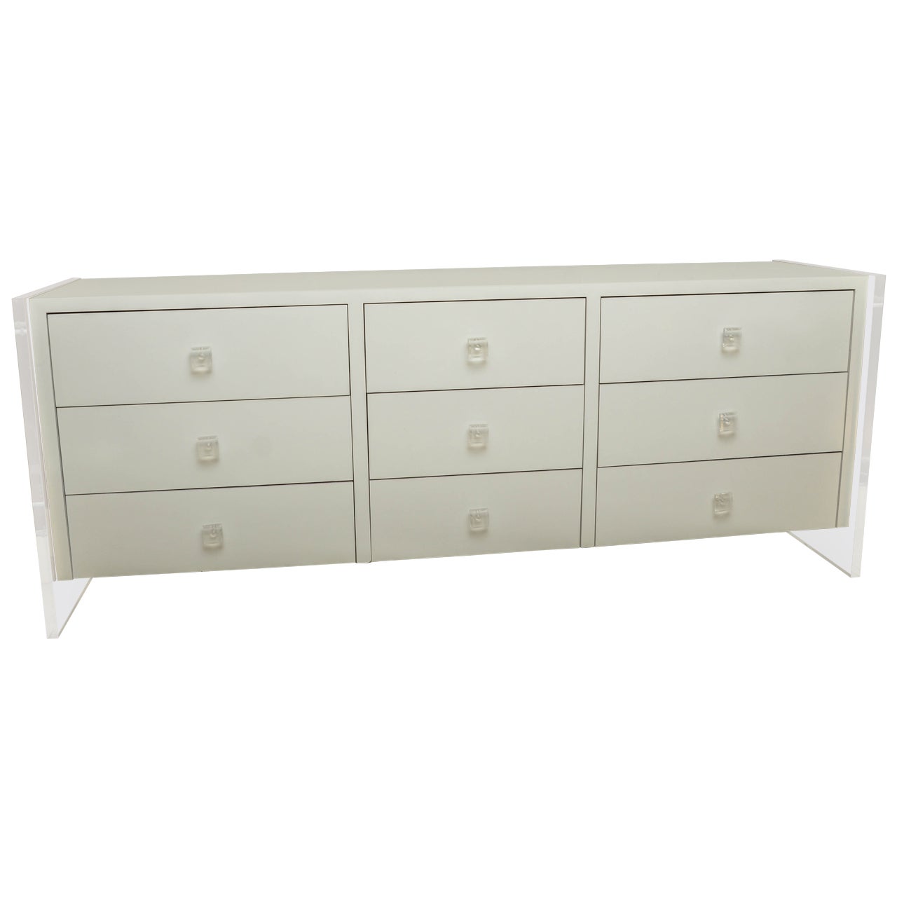 Mid-Century White Nine-Drawer Commode with Lucite Sides and Pulls