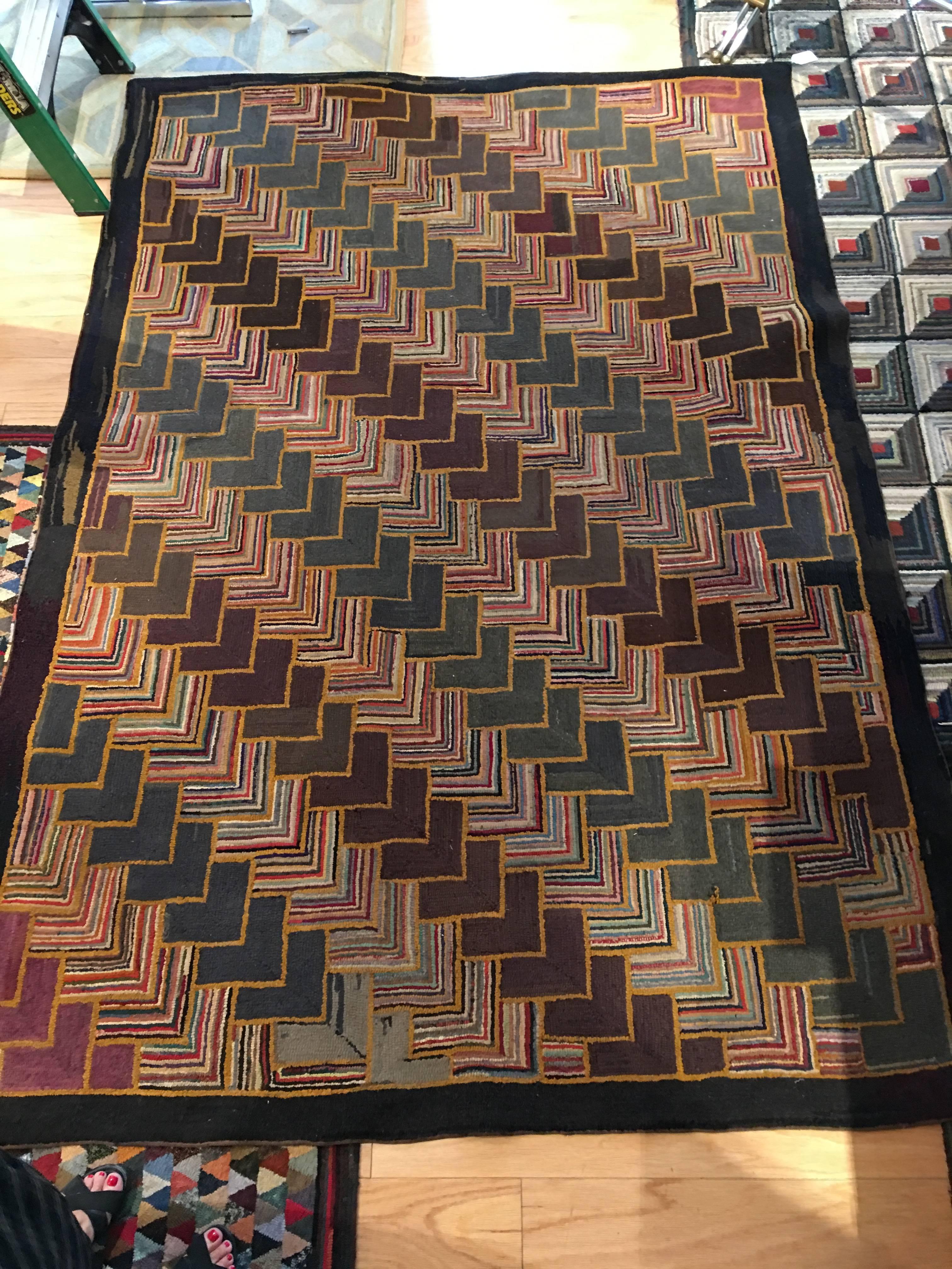 Very fine chevron patterned carpet. In need of binding and restoration which will be offered upon sale. Wonderful soft colors.